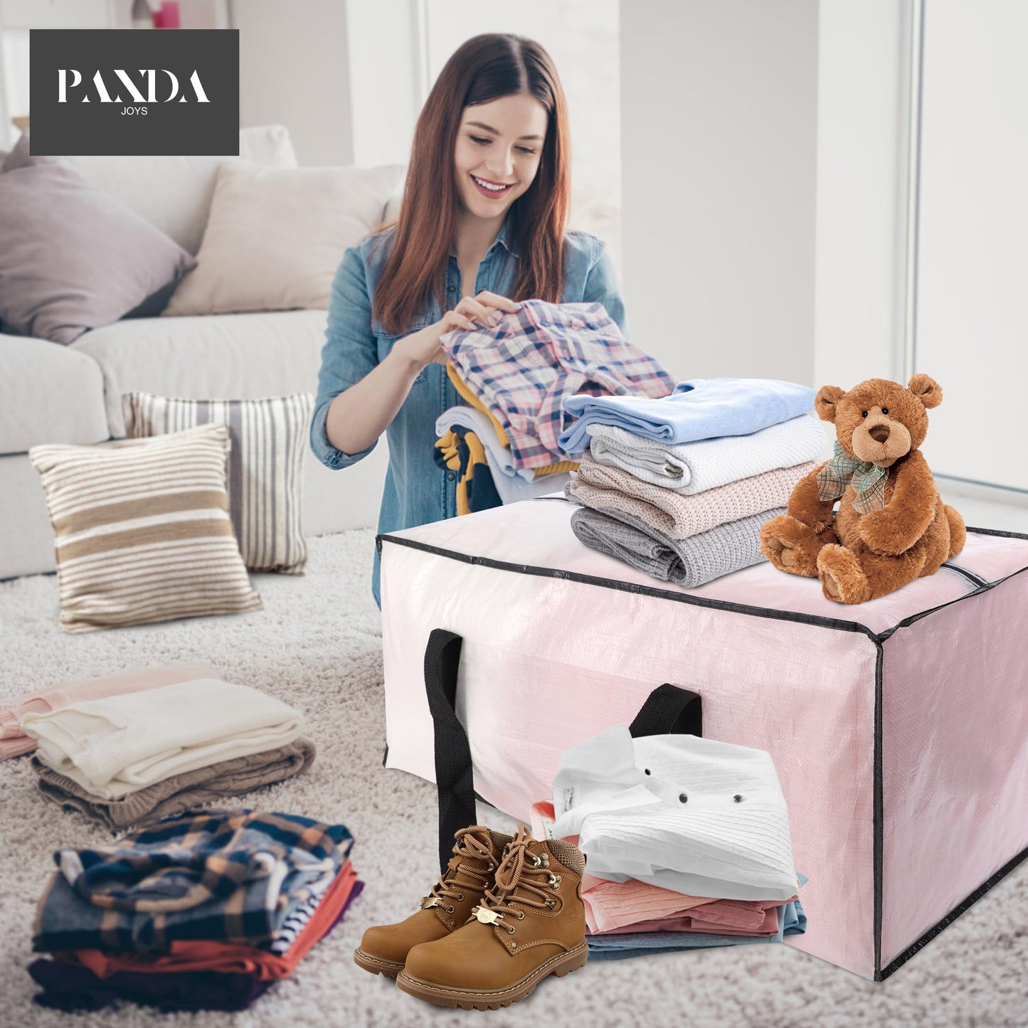 PANDA JOYS Extra Large Moving Bags with Zippers & Carrying Handles, Heavy-Duty Storage Tote for Space Saving Moving Storage, Fold Flat, Alternative to Box and Bin - 12 Pack, Semi-Transparent