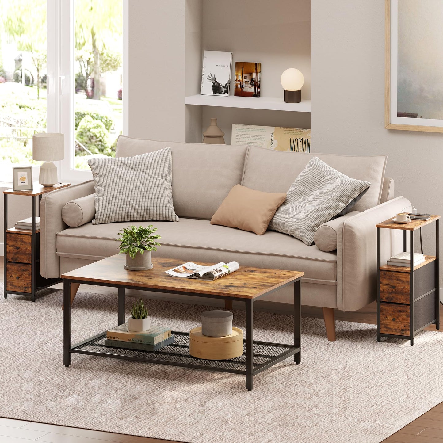 TUTOTAK Small Narrow End Table with Charging Station, Set of 2, Side Table with Outlets, Nightstand with 2 Cloth Drawers, Couch Table, for Living Room, Bedroom, Bedside, Brown TB01BB055