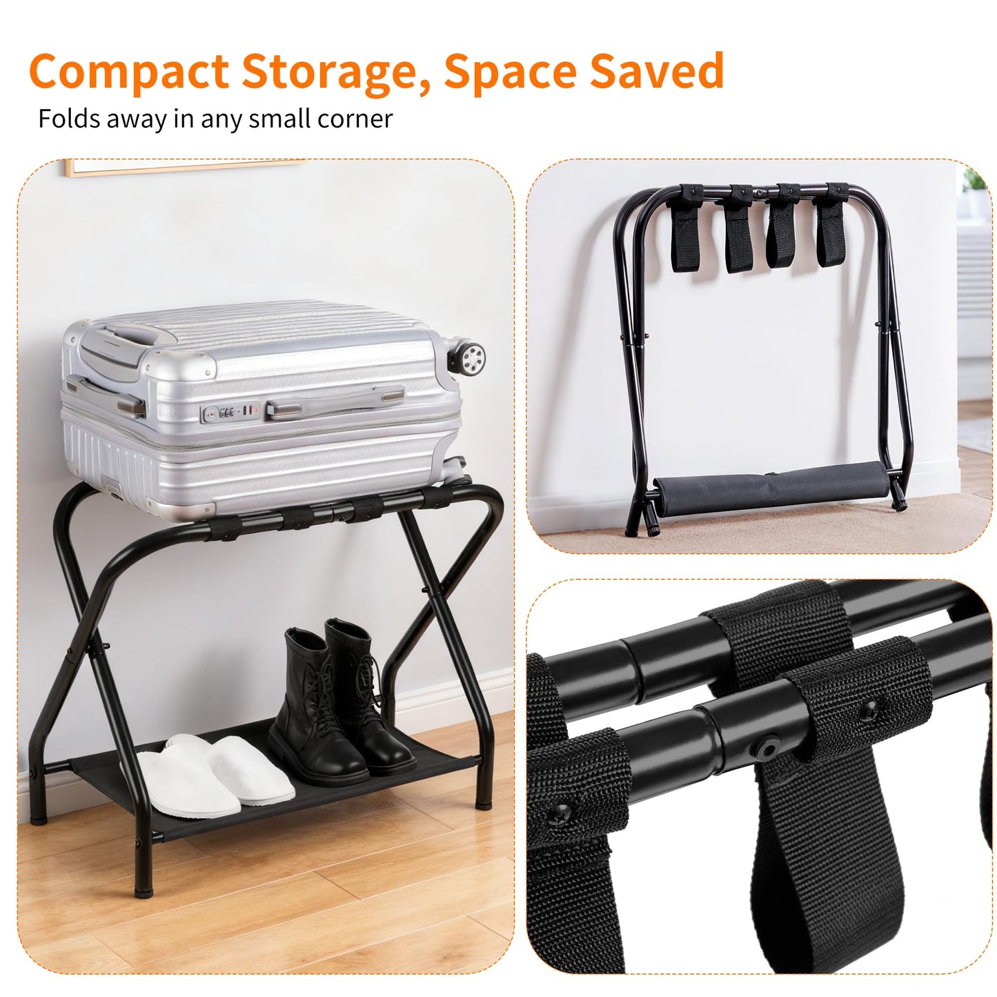 Heybly Luggage Rack for Guest Room, Pack of 2, Steel Folding Suitcase Stand with Storage Shelf for Bedroom, Hotel, Foldable Steel Frame, Guest Room 26.2" L x 14.4" W x 20.5" H, Black HLR004B2