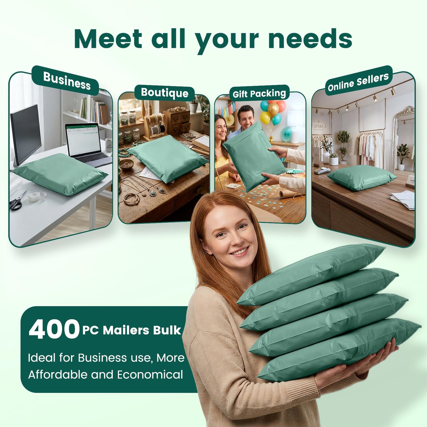 Metronic Poly Mailers 14.5x19 400PC, Large Poly Mailers for Small Business Self-Seal Shipping Bags for Clothing, Shipping Envelopes, Packaging Bags, Mailing Poly Bags，Grayed Jade Green