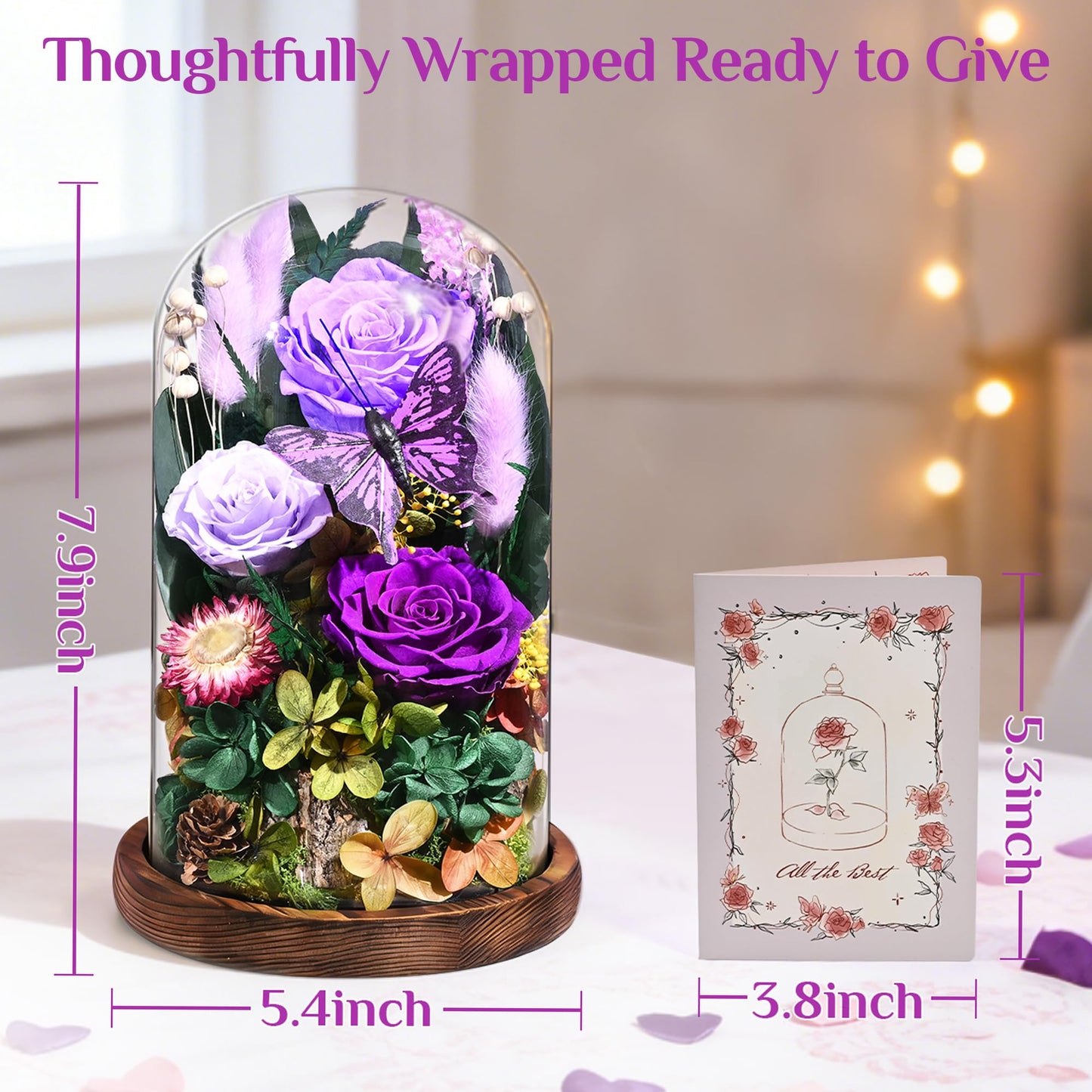 Yastouay Gifts for Mom Mothers Day Birthday Gifts for Women, Forever Rose Flowers for Delivery, Purple Preserved Roses Flowers in Glass Dome with Light Gift Box for Mom Her Women Wife Anniversary