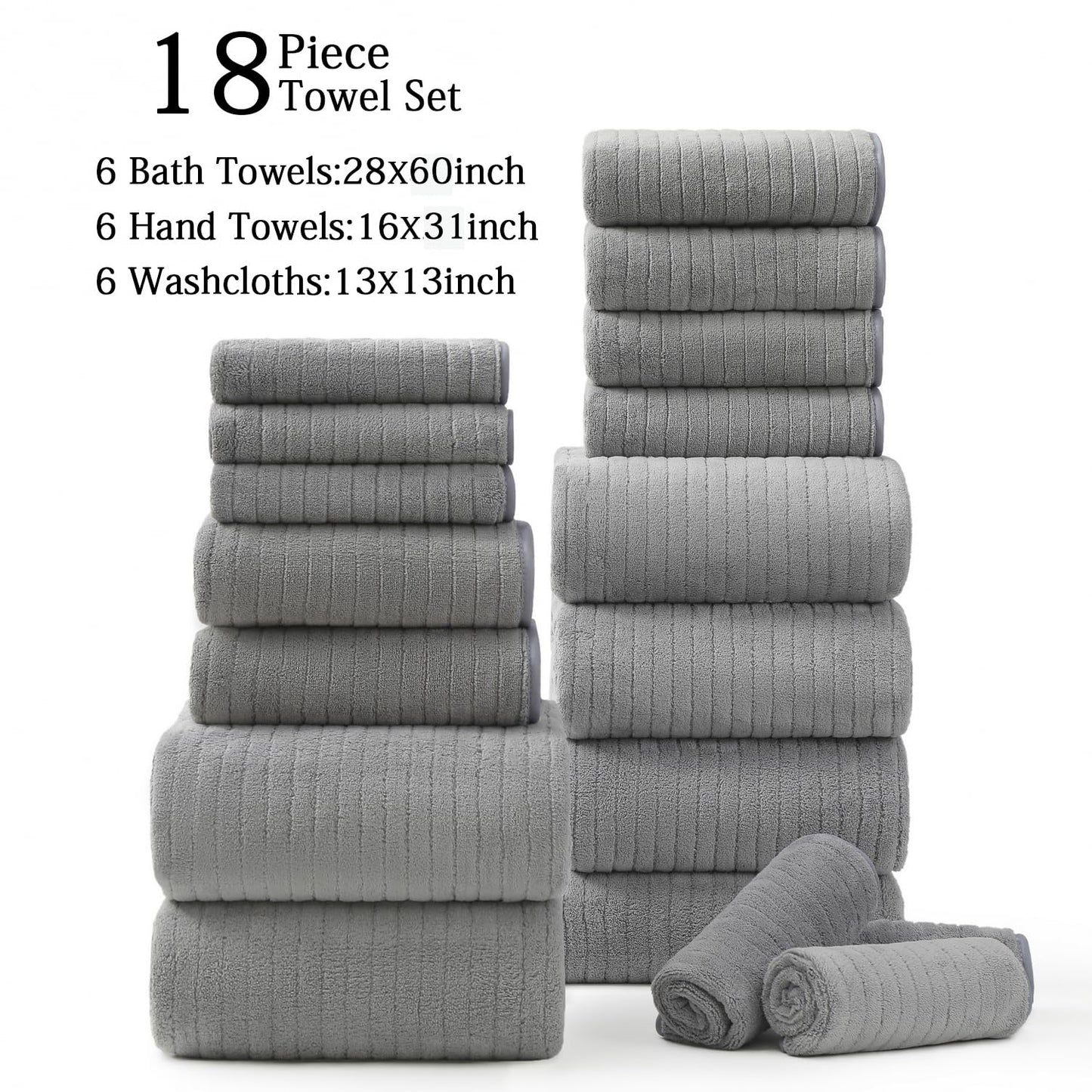 Hailea 18 Piece Family Bath Towel Set Include 6 Bath Towels,6 Hand Towels and 6 Washcloths Soft Bathroom Towel with Hanging Loops,Highly Absorbent Quick Dry Towels Set for Bathroom,Hotel and Spa-Grey