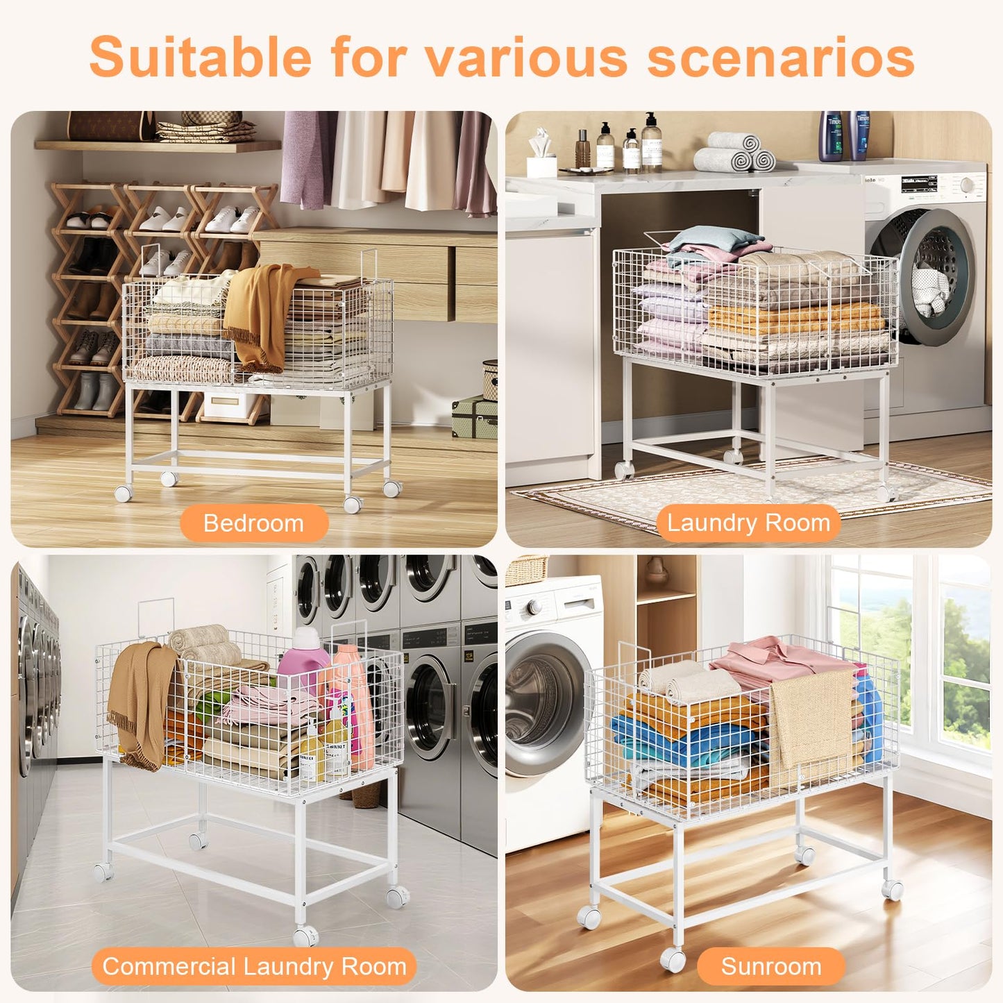 Large Rolling Laundry Basket Cart,Wire Laundry Hamper Cart with Handle and Wheels,White High Laundry Hamper for Laundry Room,Bedroom and Bathroom-120L White (29.5"L*19.7"W*27.95"H inch)