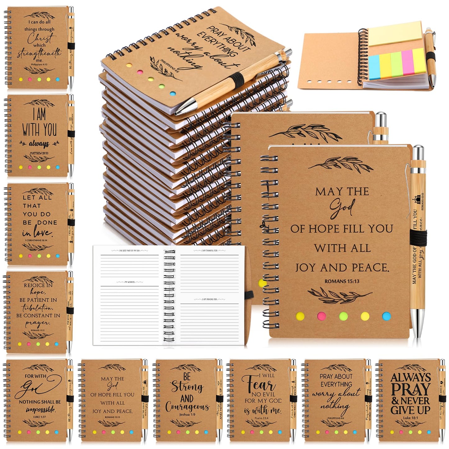Spakon 20 Set Christian Gifts Bulk Church Gifts Religious Notebook Spiral Bible Verse Bamboo Pens Mini Bible Study Journal for Sunday School Employee Coworker Men Women (Brown)
