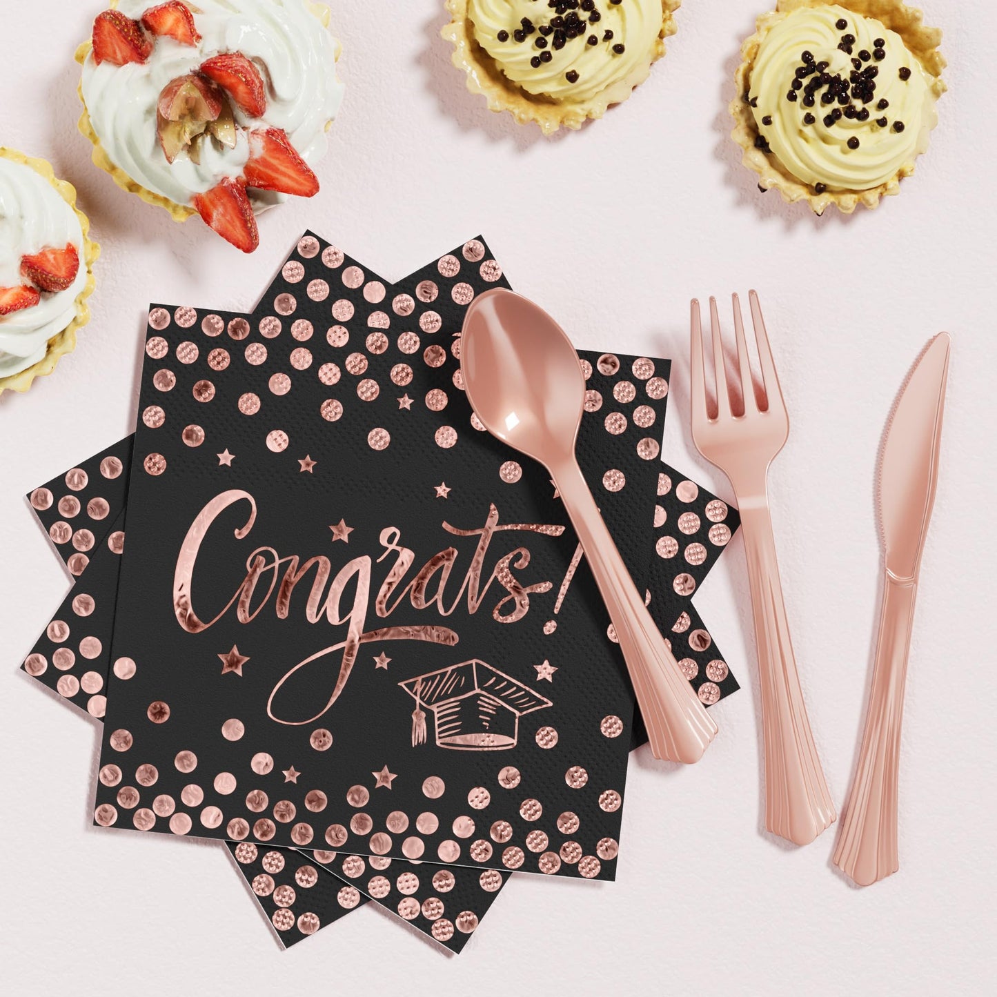 Ecomore 2026 Graduation Decorations - 245 PCS Grad Disposable Dinnerware(Serve 25) & Graduation Party Supplies With Congrats Paper Plate Cup Napkin Tablecloth Backdrop Balloon - Black Pink Rose Gold