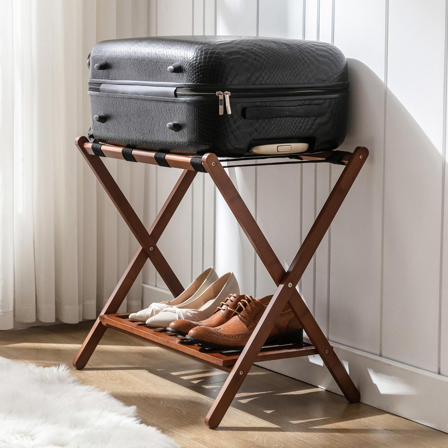 Natuvite Luggage Racks Suitcase Stand Foldable With Storage Shelf For Guest Room Hotel Essentials Solid Bamboo Heavy-Duty Item Holder Chestnut Brown