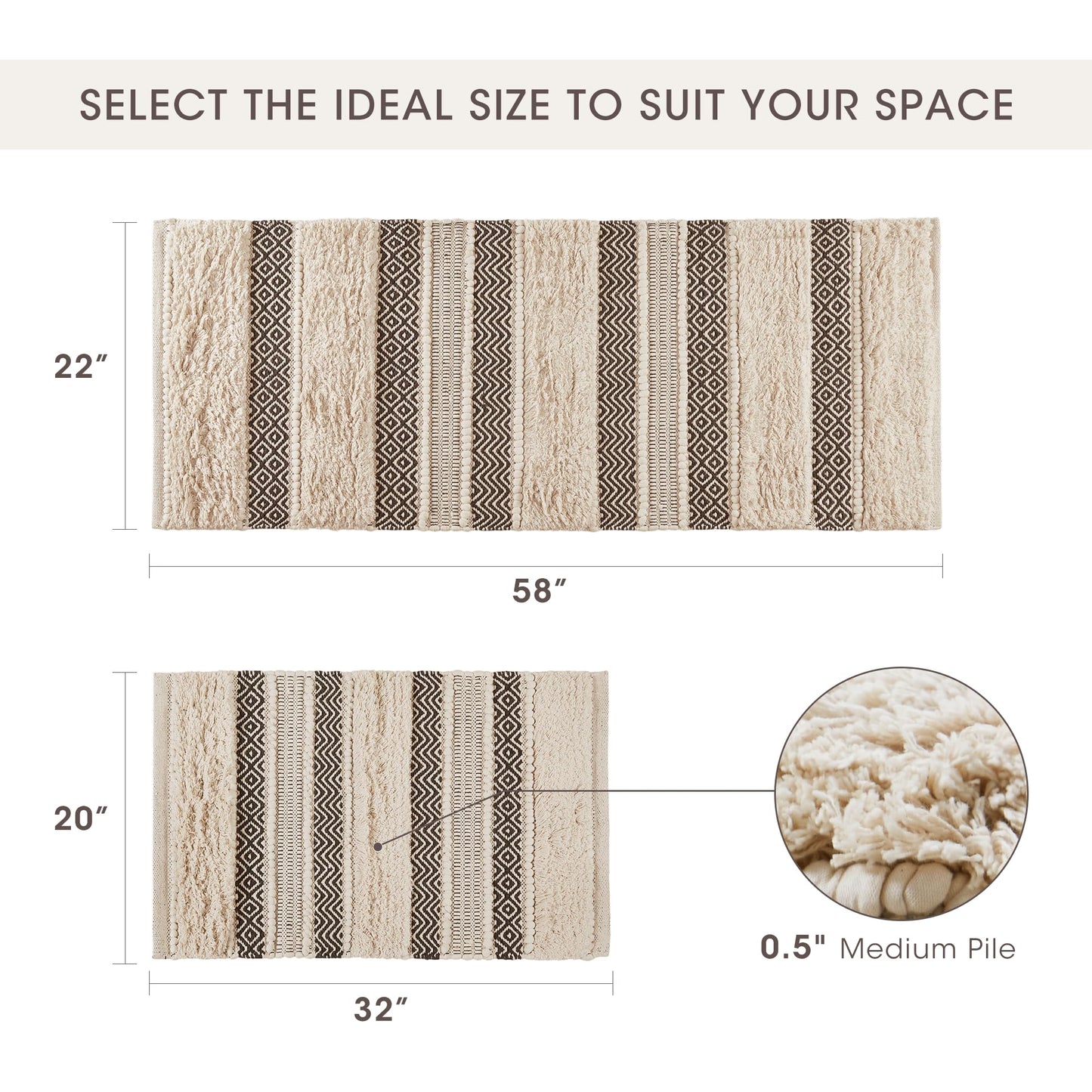 INK+IVY Bath Rug Hand-Woven Texture Shaggy Striped Soft & Water Absorbent, Boho Bathroom Décor Bath-Mats, Non-Slip Absorbent Quick Dry Mats for Tub, Shower Room, Asher, 20x32, Black 1 Piece