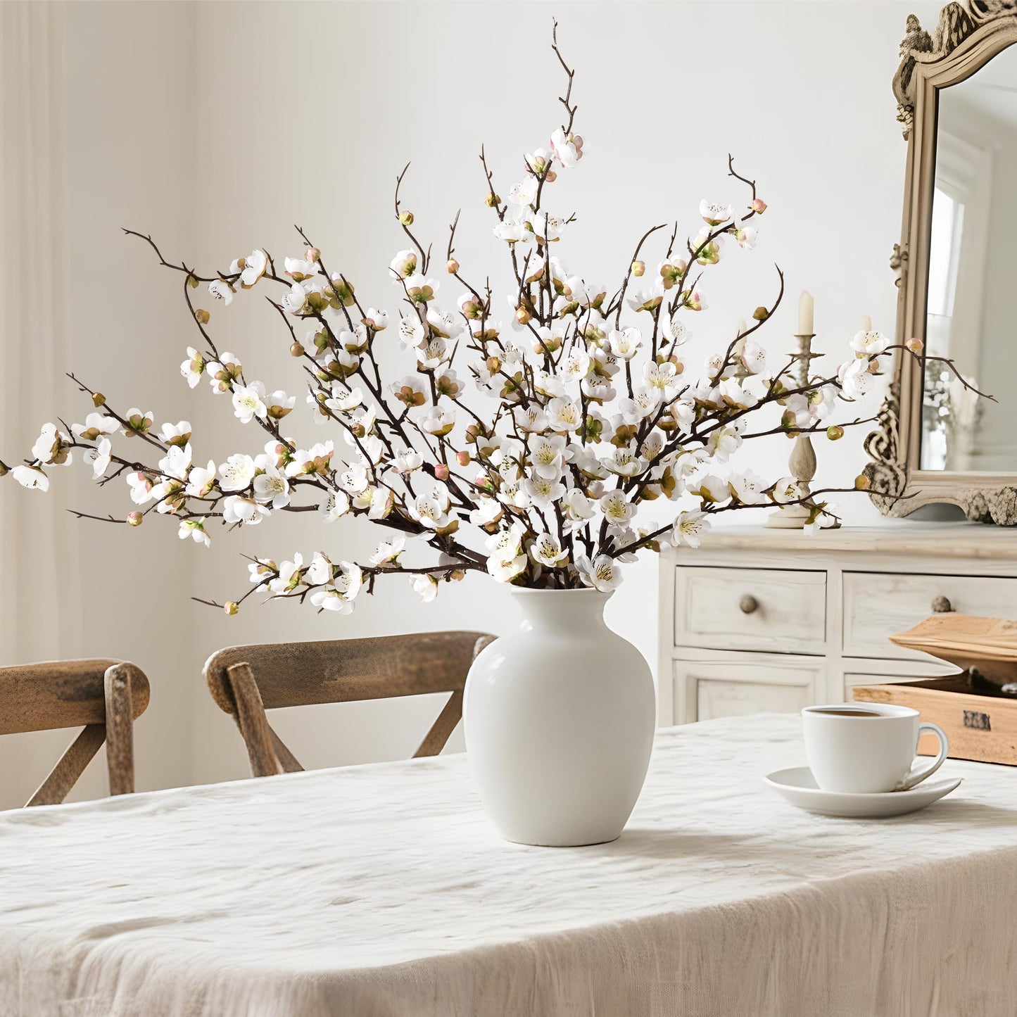Waipfaru 4 Pcs Faux Cherry Blossom Branches, 36'' Cherry Blossom Tree Decor with Long Stems, Artificial Flowers for Tall Vases Spring Home Decoration (White)