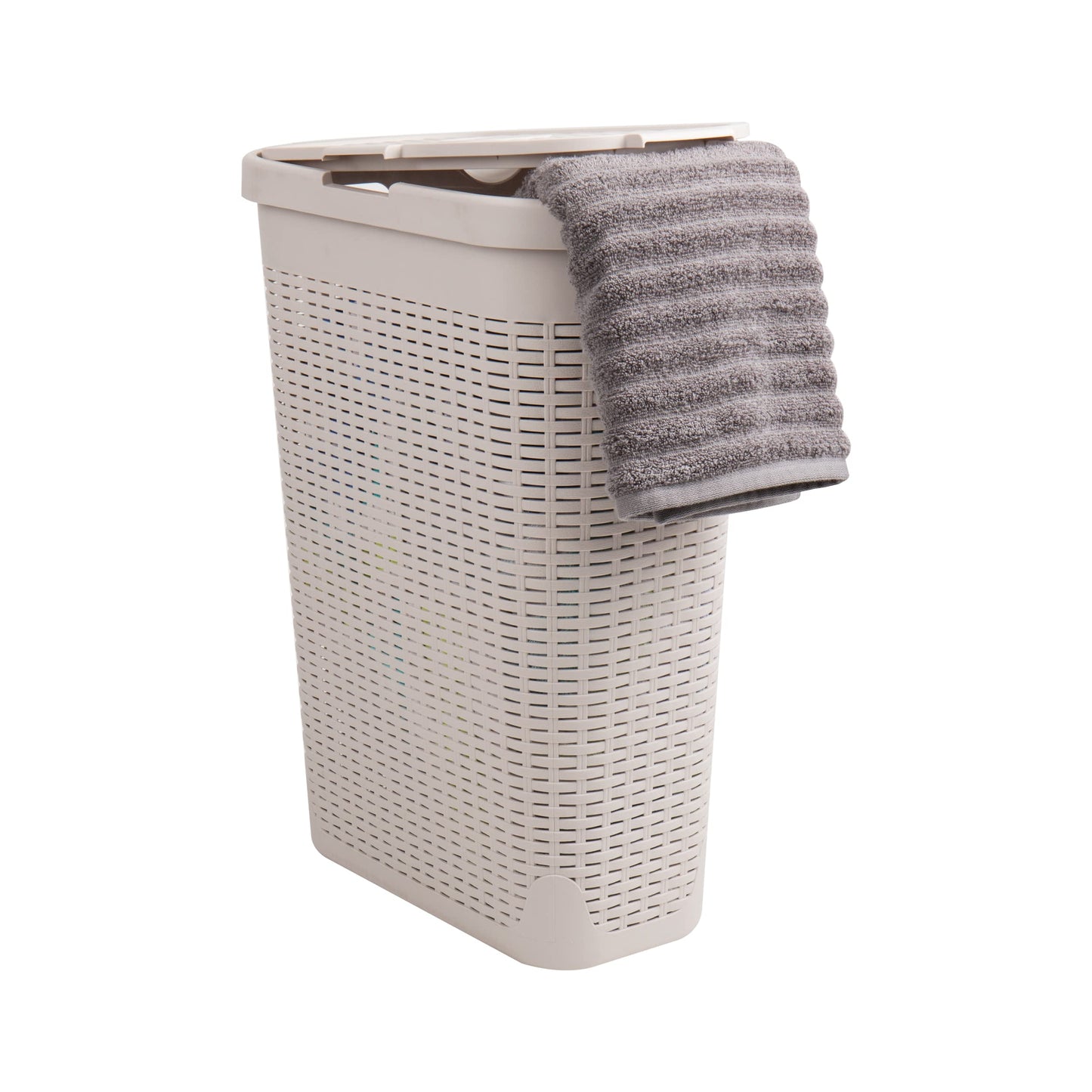 Mind Reader Slim Laundry Hamper with Lid, 40L Clothes Basket, Narrow Tapered Design with Ventilated Cutout Pattern, Plastic, Ivory