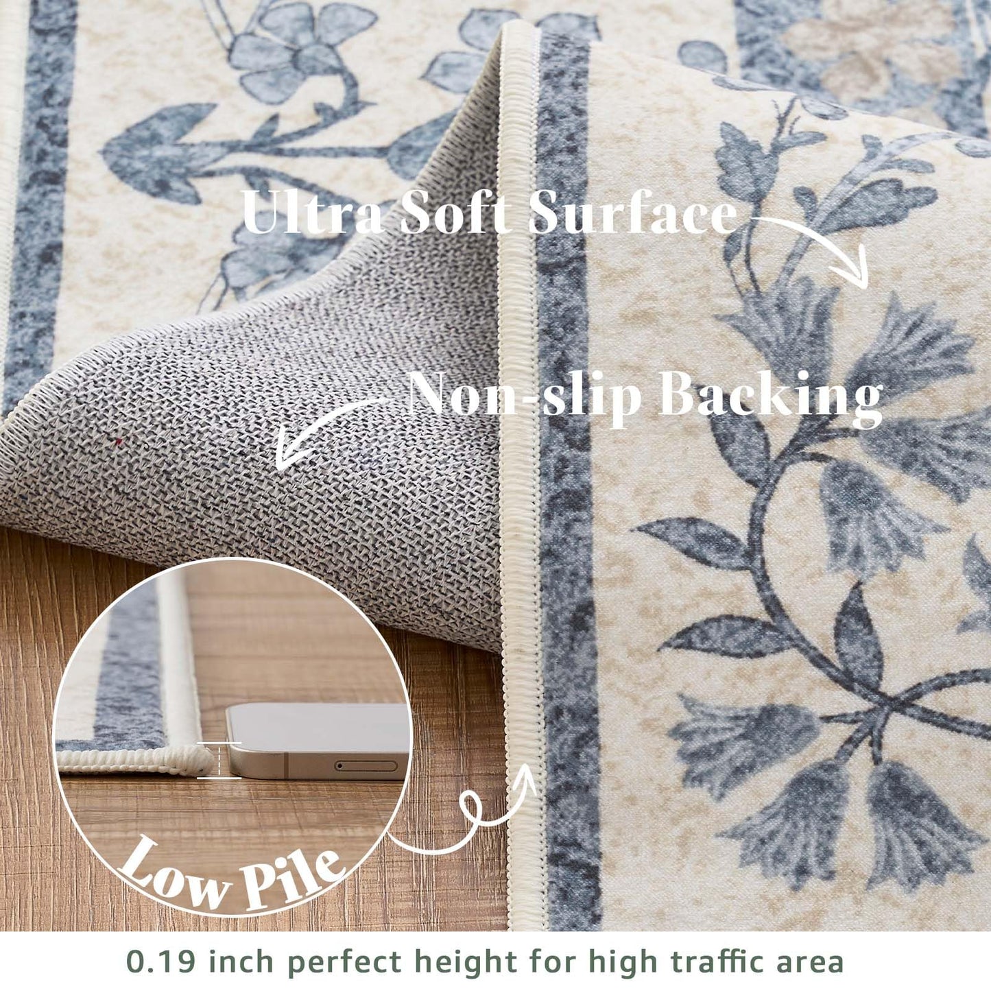 jinchan Zenith Floral Runner Rug 3x8 Washable Kitchen Runner Non-Slip Low-Pile Soft Carpet Runner Botanical Throw Rug for Hallway Entryway Laundry Room Bedroom Blue/Cream