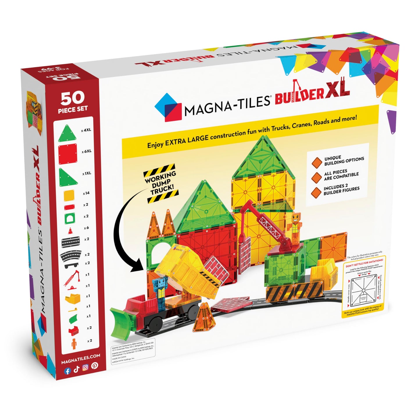 MAGNA-TILES Builder XL 50-Piece Magnetic Construction Set, The Original Magnetic Building Brand