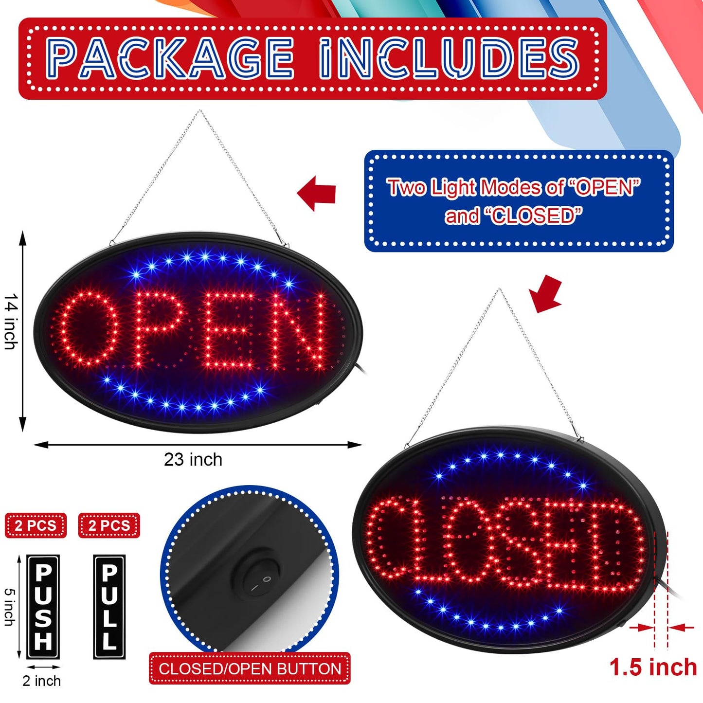 Kanayu 3 Pcs Closed Open LED Neon Sign and Push Pull Stickers Sign Set 23 x 14 Inch Open Closed Electronic Advertisement Display 5 x 2 Inch Vinyl Push Pull Vertical Decal Self Adhesive for Shop Bar