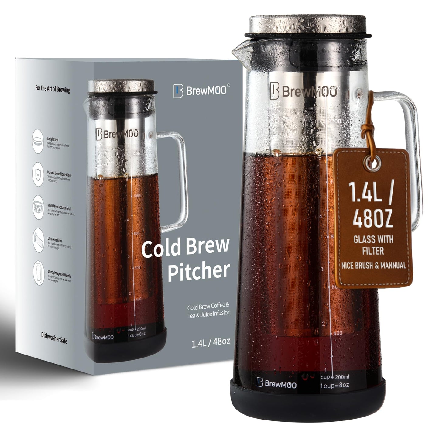 BrewMOO- Airtight Cold Brew Coffee Maker Pitcher, 1.4L/48Oz Thick Glass Carafe with Filter, Comfort Sturdy Handle & Wide Spout, Non-Slip Base | Iced Tea Maker (Black)