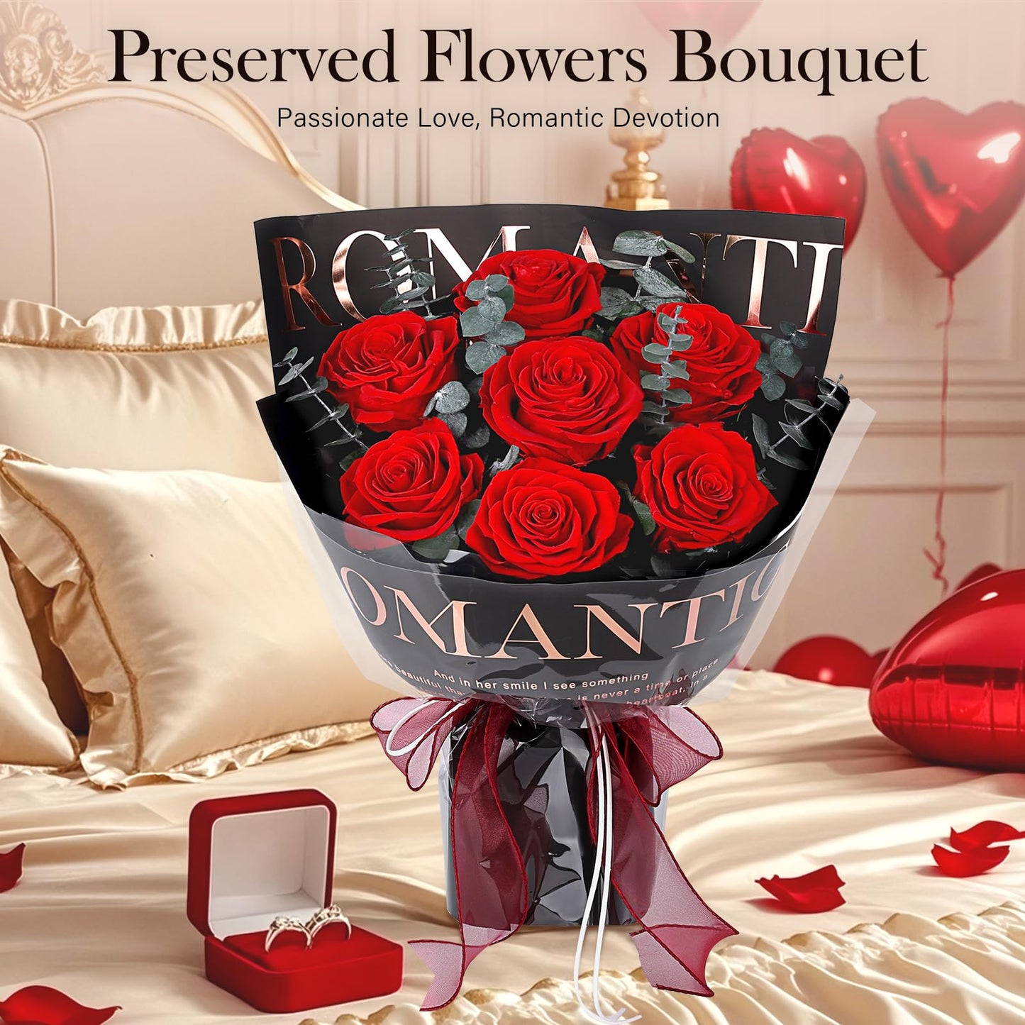 Preserved Flowers Bouquet 7 Roses - Red Real Rose & Flowers for Delivery, Eternal Roses Bouquet with Gift Box, Mothers Day Gifts for Mom Grandma Wife, Anniversary Birthday Gifts for Women, Black