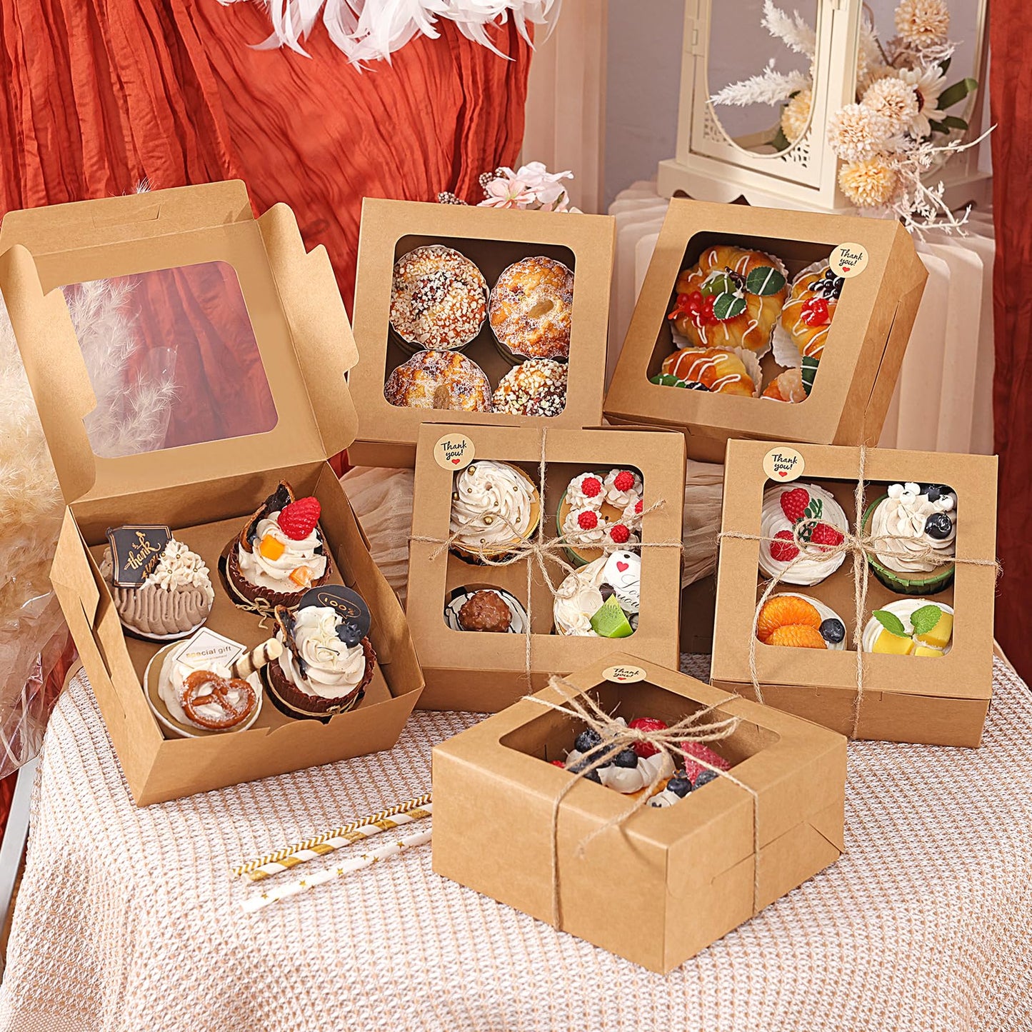 TOMNK 50 PCS Cupcake Boxes with Window, 6.3x6.3x3 Inch Cookie Boxes, Brown Bakery Containers for Pastry, Dessert, Chocolate Strawberries, Treat Boxes with Stickers and Jute Twine