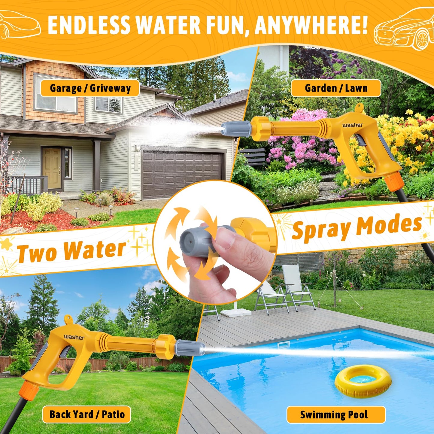 Kids Clean Car Wash Toy - Kids Power Washer with Scraper Sponge Towel, Manual Pressure, Adjustable Water Gun Spray, Pretend Play Tools Role Playing Cleaning Toys Gift for Toddler Boys Girls Ages 3+