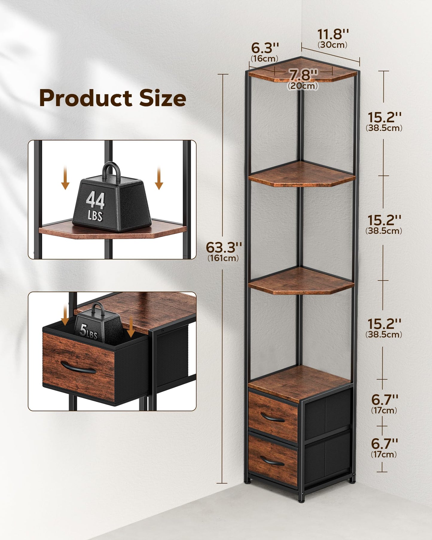 Housolution Corner Shelf Stand with Storage, 63.4'' Tall 6-Tier Corner Bookshelf Includes Fabric Drawers, Freestanding Corners Storage Shelf for Living Room Bedroom Kitchen Bathroom (Black + Brown)