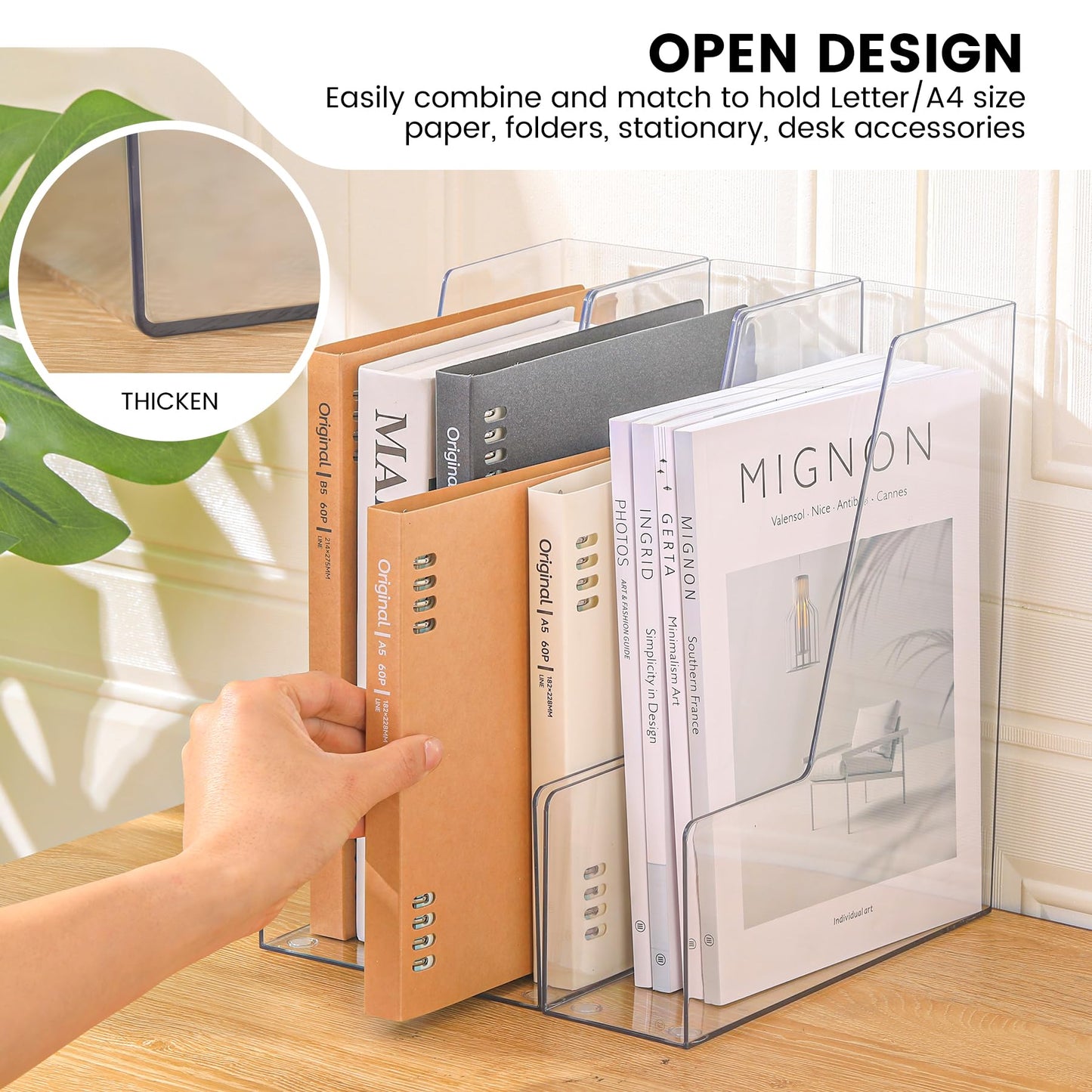 CiWiVOKi Vertical File Holder, Clear PET Desk Organizer and Storage Bins Holding for Magazines, Binders, Notebooks, Envelopes, Multi-purpose Plastic Document Organizer for Home Office, 4 pack