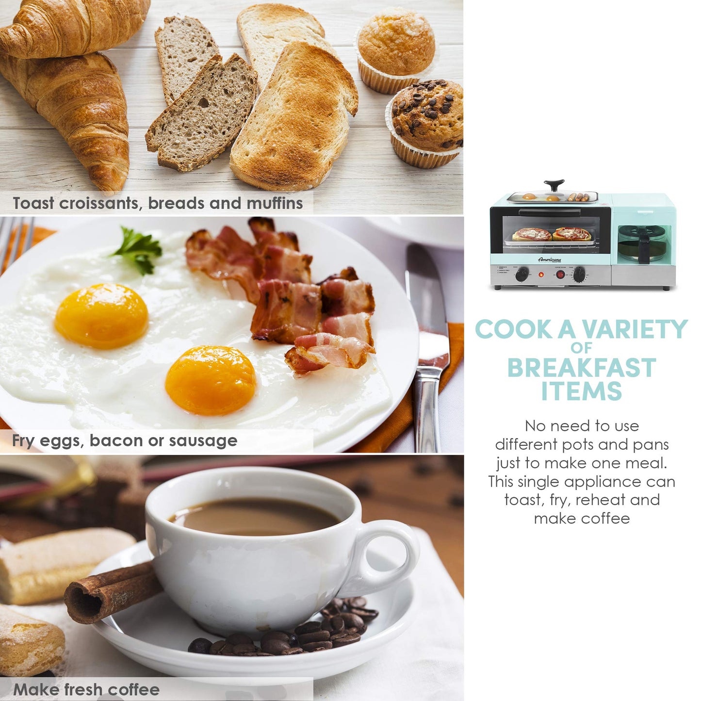 Elite Gourmet Americana 2 Slice, 9.5" Griddle with Glass Lid, 3-in-1 Breakfast Center Station, 4-Cup Coffeemaker, Toaster Oven with 15-Min Timer, Heat Selector Mode, Blue