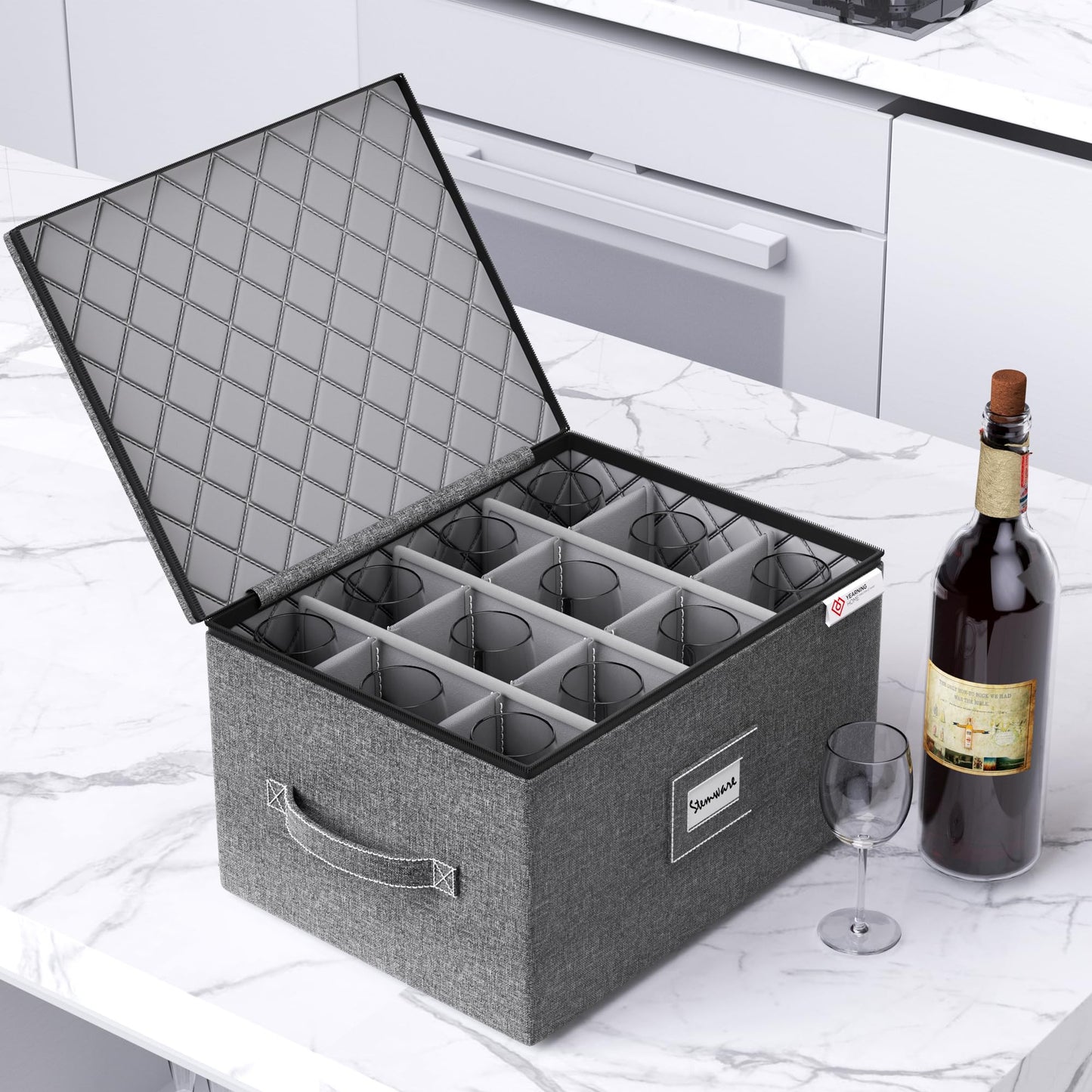 YearningHome 2 Pack Wine Glass Storage Box with Dividers,Stemware Storage Cases with Sturdy Handle and Hard Shell for Glassware Crystal Storage,Transport and Moving,Holds 12,Grey