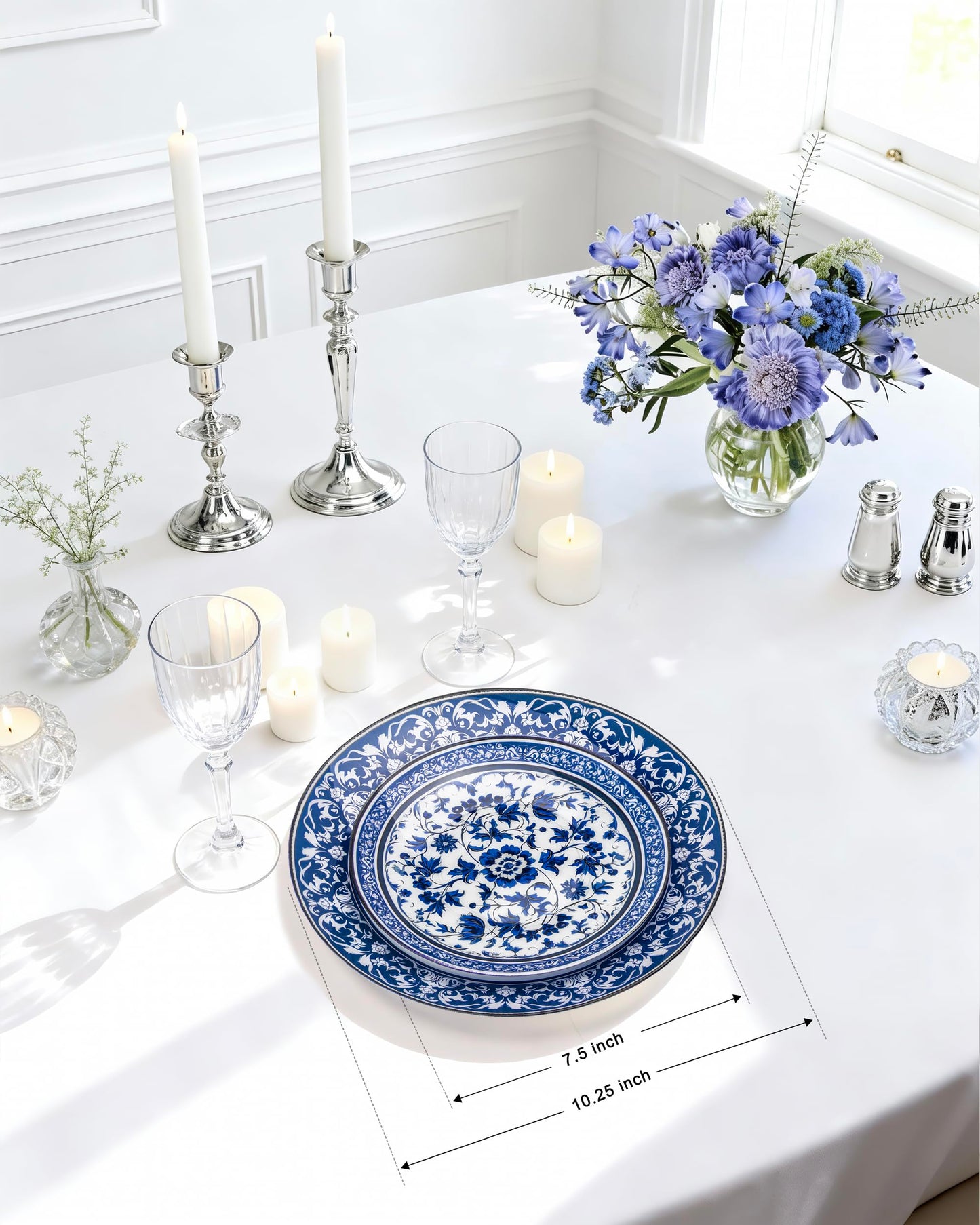 Hioasis 60pcs Blue Plastic Plates Set - Floral Blue & White Porcelain Design, 10.25" Dinner & 7.5" Dessert Plates Disposable for Memorial Day & Wedding (Dishwasher Safe, Art Style)