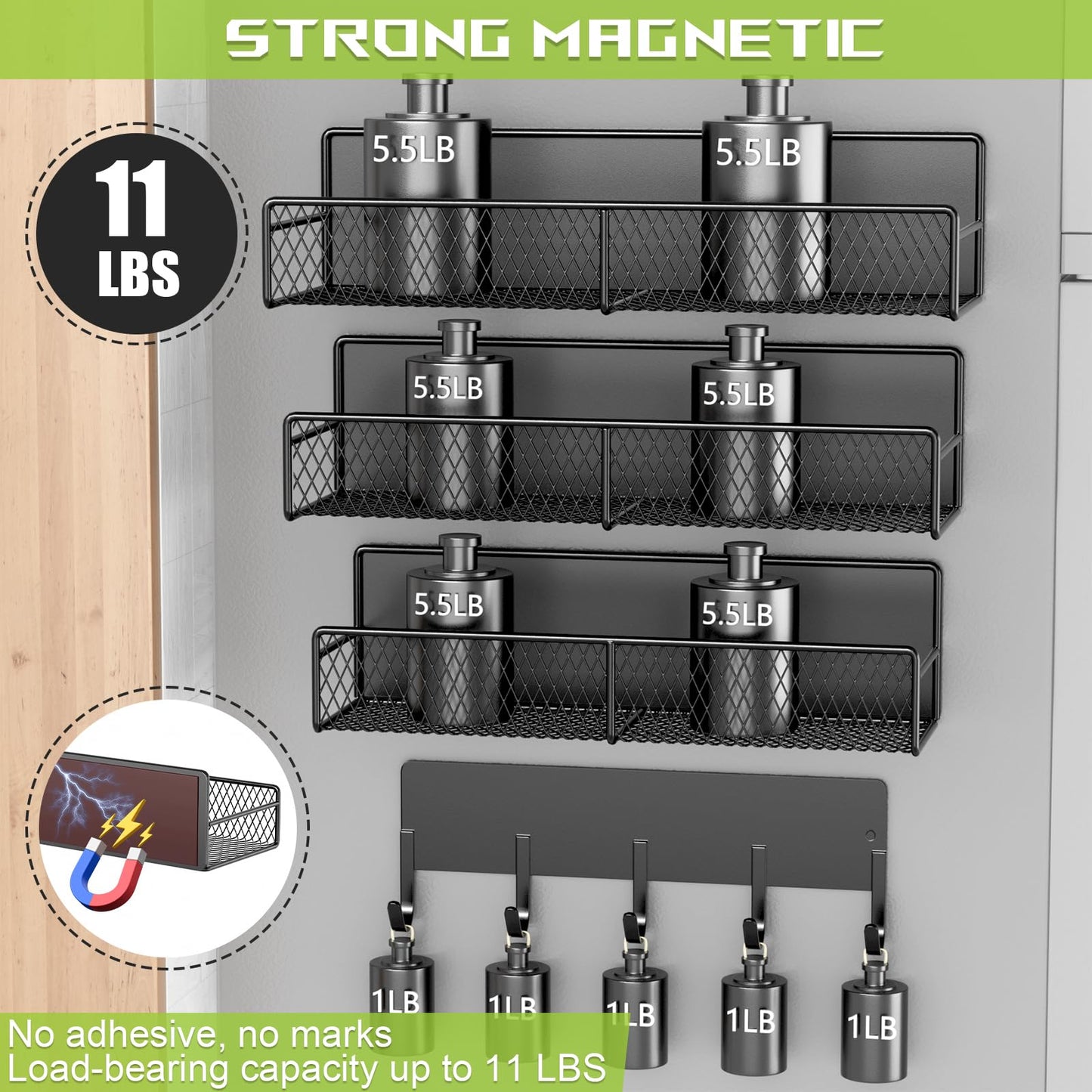 4 Pack Magnetic Shelves for Washing Machine, Heavy-Duty Magnetic Laundry Organizer with Hooks, Washing Machine Shelf for Refrigerator, Metal Storage Baskets, Closet & Laundry Room Organization(Black)