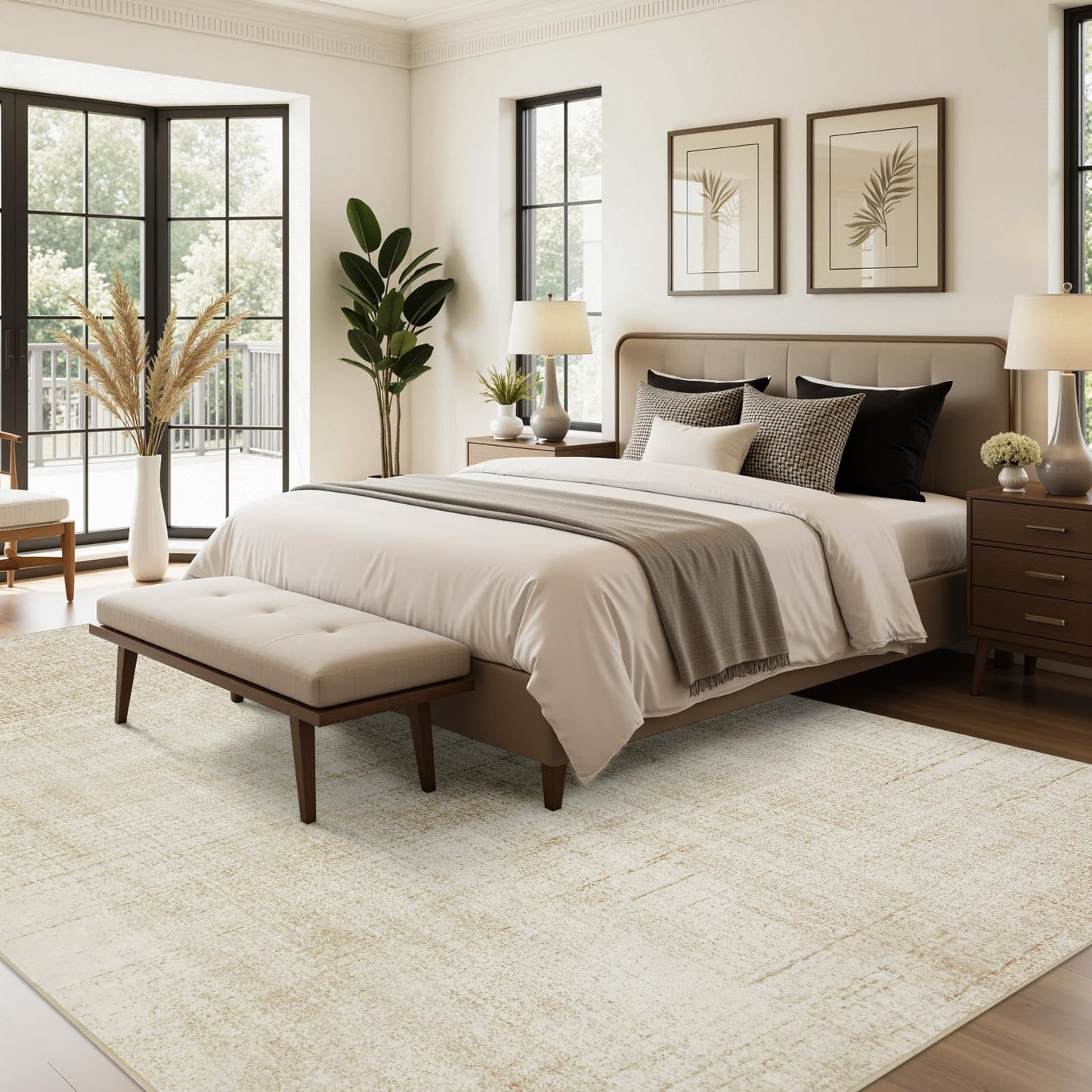 Joydeco 5x7 Area Rugs for Living Room, Machine Washable Vintage Area Rugs, Low Pile Non Slip Carpet, Lightweight Chenille Print Rug for Bedroom, Dining Room, Home Office, Beige