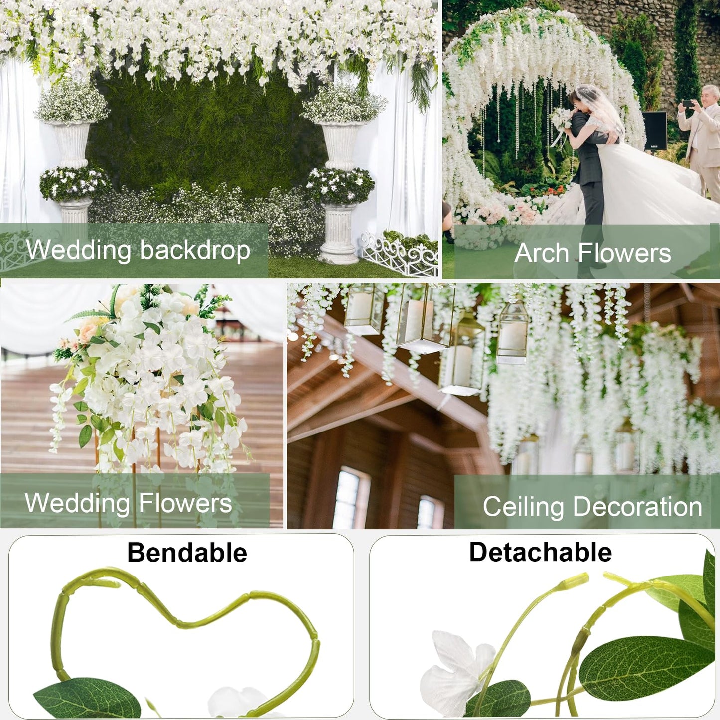 ZINHO 60 Branches Wisteria Hanging Flowers, Artificial White Wisteria Flowers Garland for Wedding Arch Ceremony Party Garden Home Backdrop Decor