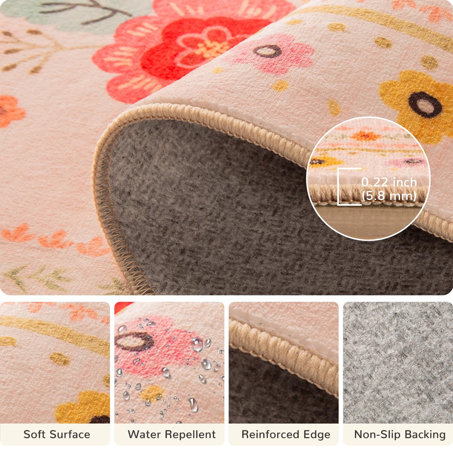 meejou 5x7 Area Rugs for Living Room Vacuum-Friendly Machine Washable Area Rug Flower Floral Printed Pattern Low Pile Non-Slip Carpet for Bedroom Hallway Entryway, Pink Beige