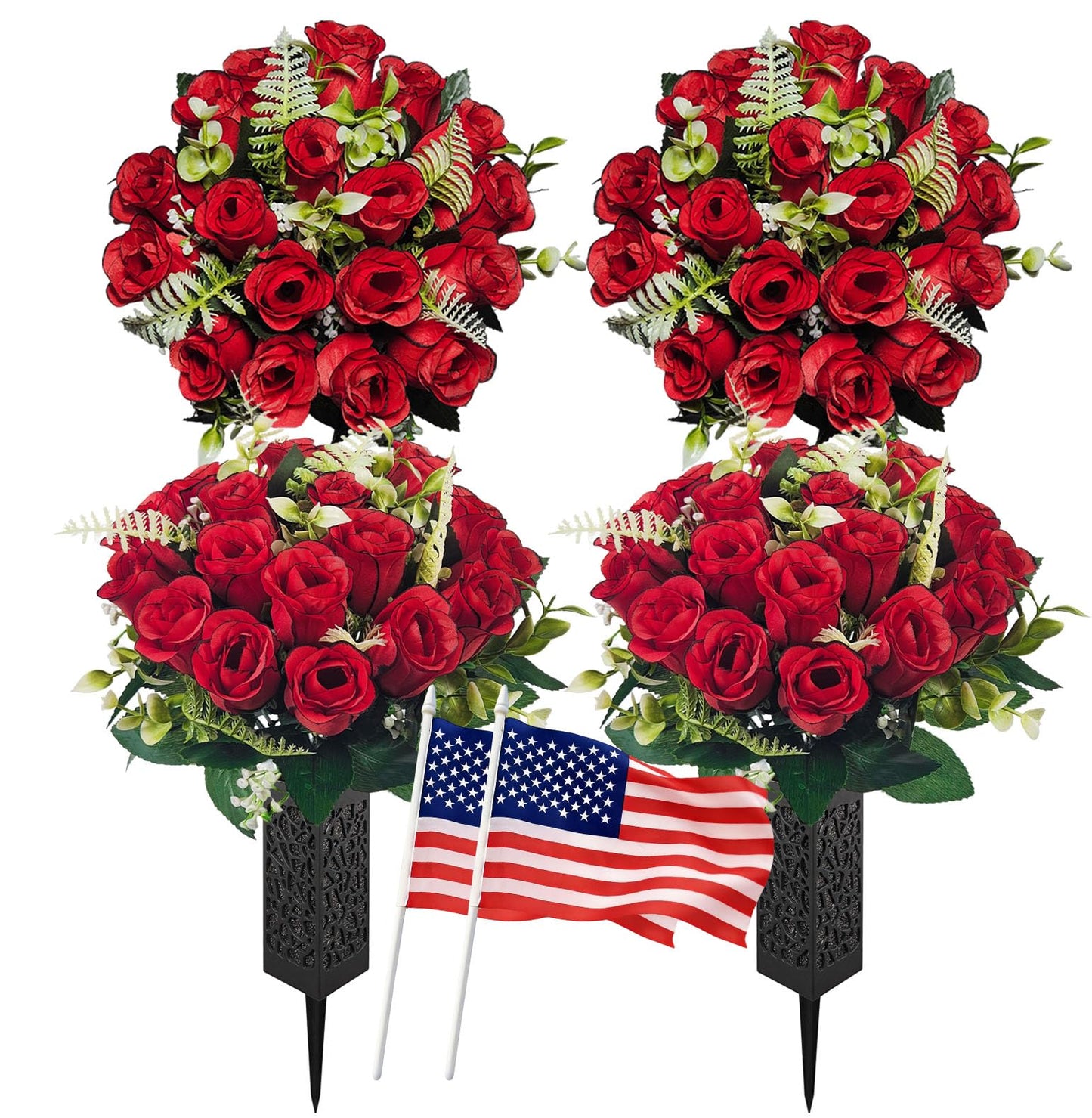 2 Pack Cemetery Flowers for Grave with Spiked Vases, 18-Stem Red Artificial Rose Bouquets with Flag, Non-Bleeding & Wind-Resistant All-Weather Memorial Decorations for Headstones