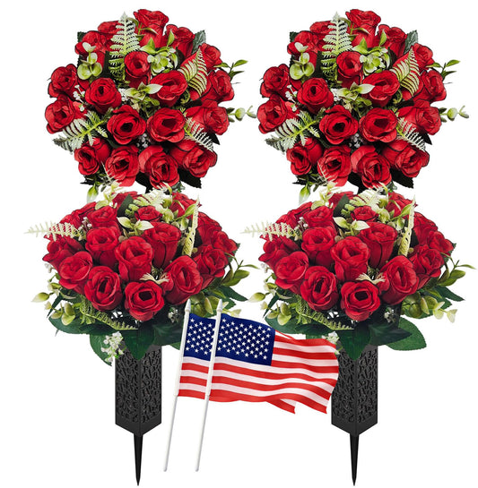 2 Pack Cemetery Flowers for Grave with Spiked Vases, 18-Stem Red Artificial Rose Bouquets with Flag, Non-Bleeding & Wind-Resistant All-Weather Memorial Decorations for Headstones