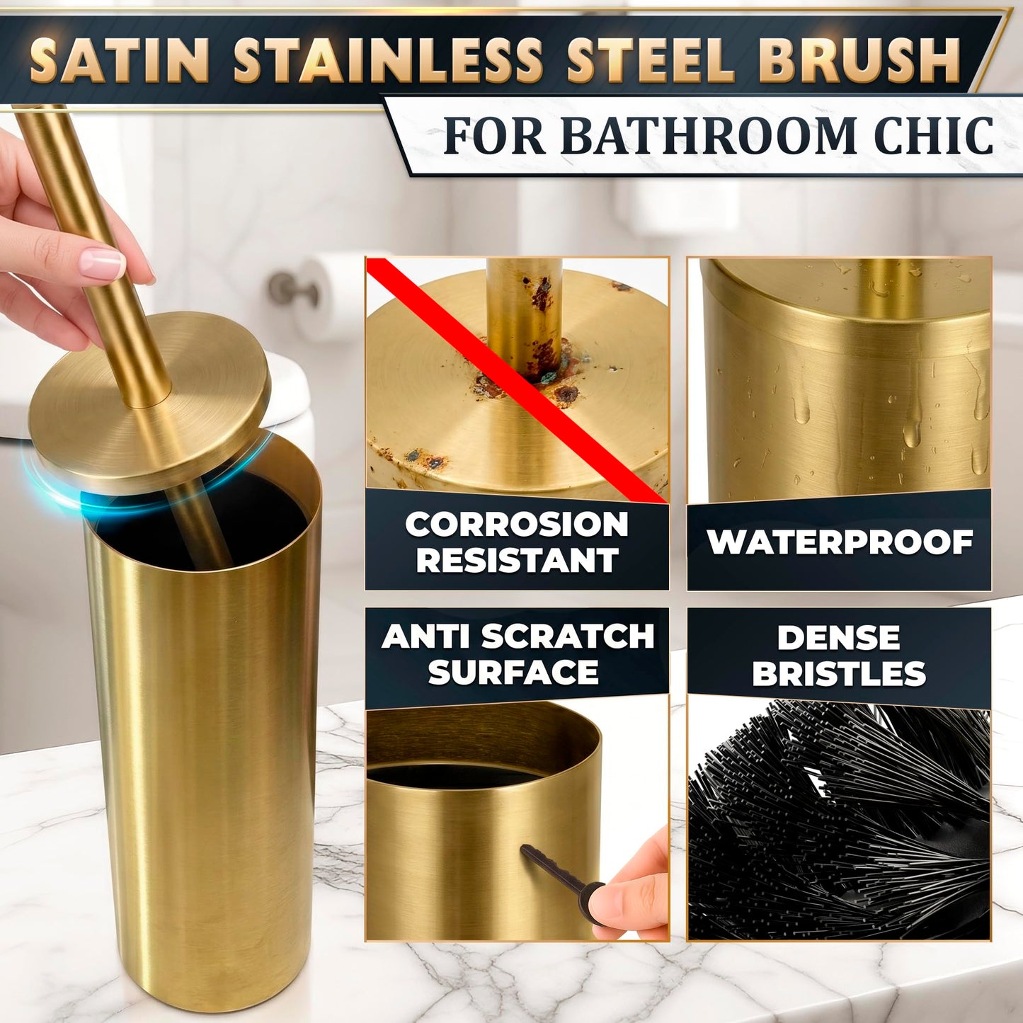 2 PCS Gold Toilet Brush and Holder Set - Brushed Stainless Steel Gold Toilet Bowl Brush and Holder with Replacable Head, Removable Inner Bowl, and Splash Protection - Dense Bristles for Cleaning
