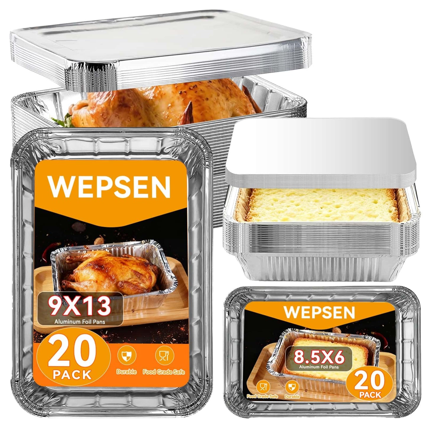 40 Pack Aluminum Pans with Lids,20 Large 9x13" Aluminum Pans Disposable (10 Thick Large Lids) & 20 Medium 8.5x6" Foil Pans (20 Foil Covers), Aluminum Trays with Lids for Baking, Meal Prep, Takeout
