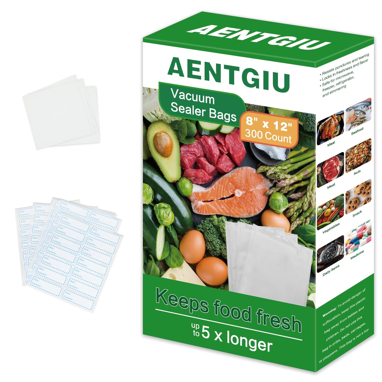 AENTGIU 300-Count Food Vacuum Sealer Bags 8 x 12 inch, Thick BPA-Free Sous Vide Bags Compatible with Most Vac Machines, Food Saver, Seal a Meal, Commercial Grade Quart Precut Meal Prep Storage Bags