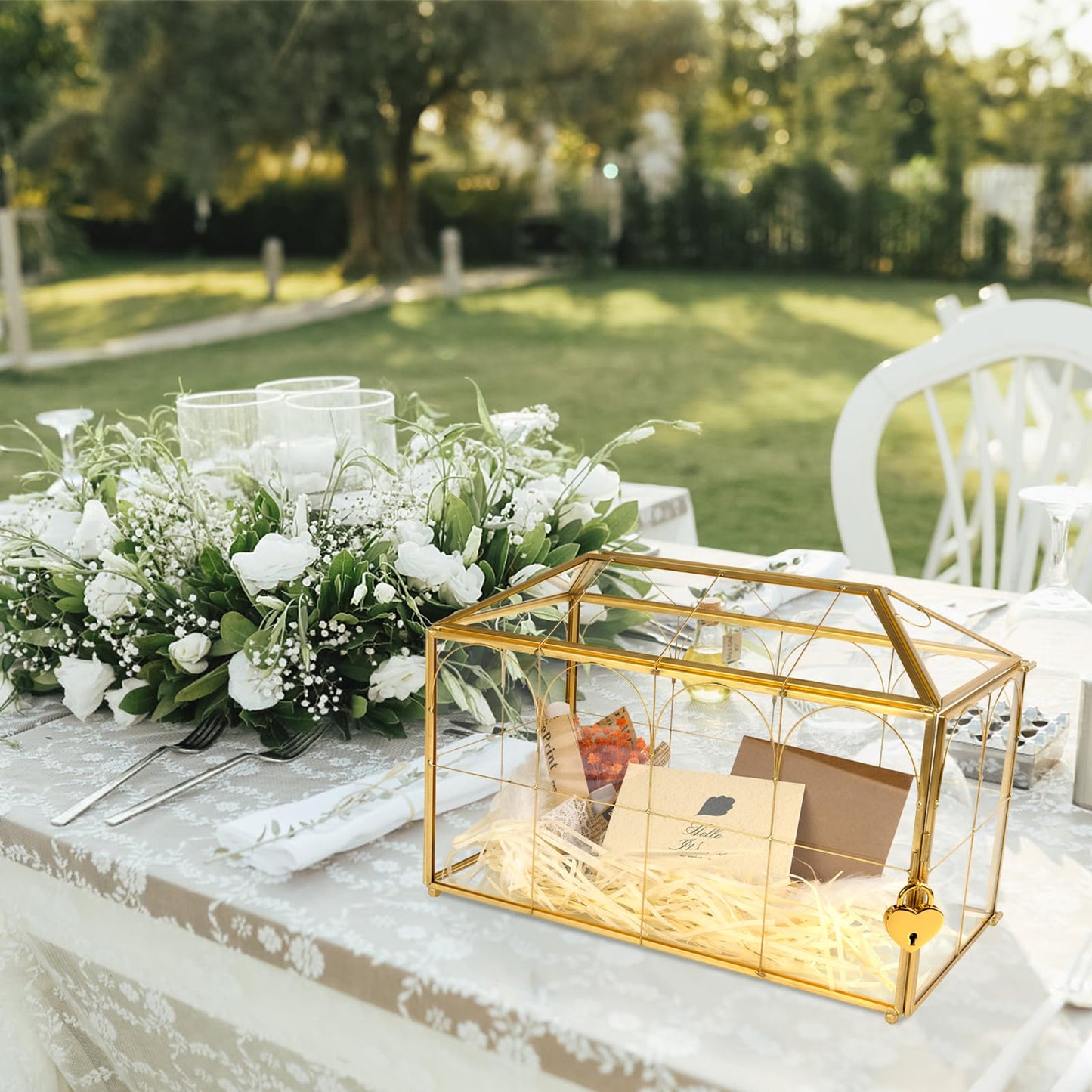 Atzciyr Wedding Glass Cards Box with Slot - 12.6 x 5.9 x 9 inch, Envelope Card for Birthday Party Reception Box, Home Tabletop Decor Clear Gold Terrarium with Lock Glass Terrarium