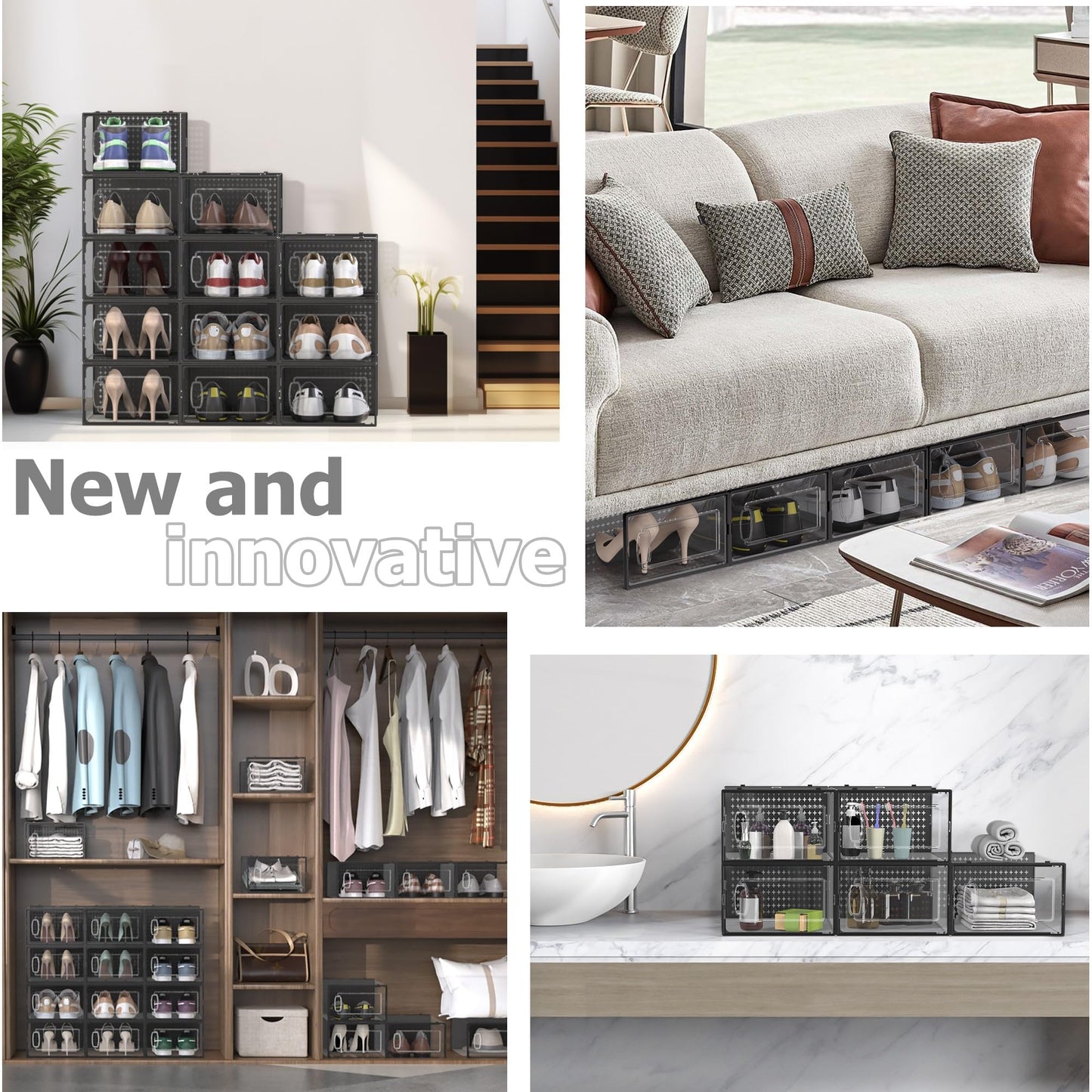 12 Pack Large Modular Clear Plastic Stackable Shoe Storage Organizer for Closet, Space Saving Versatile Sneaker Shoe Rack Containers Bins Holders, Portable Closet Organizers and Storage, Black