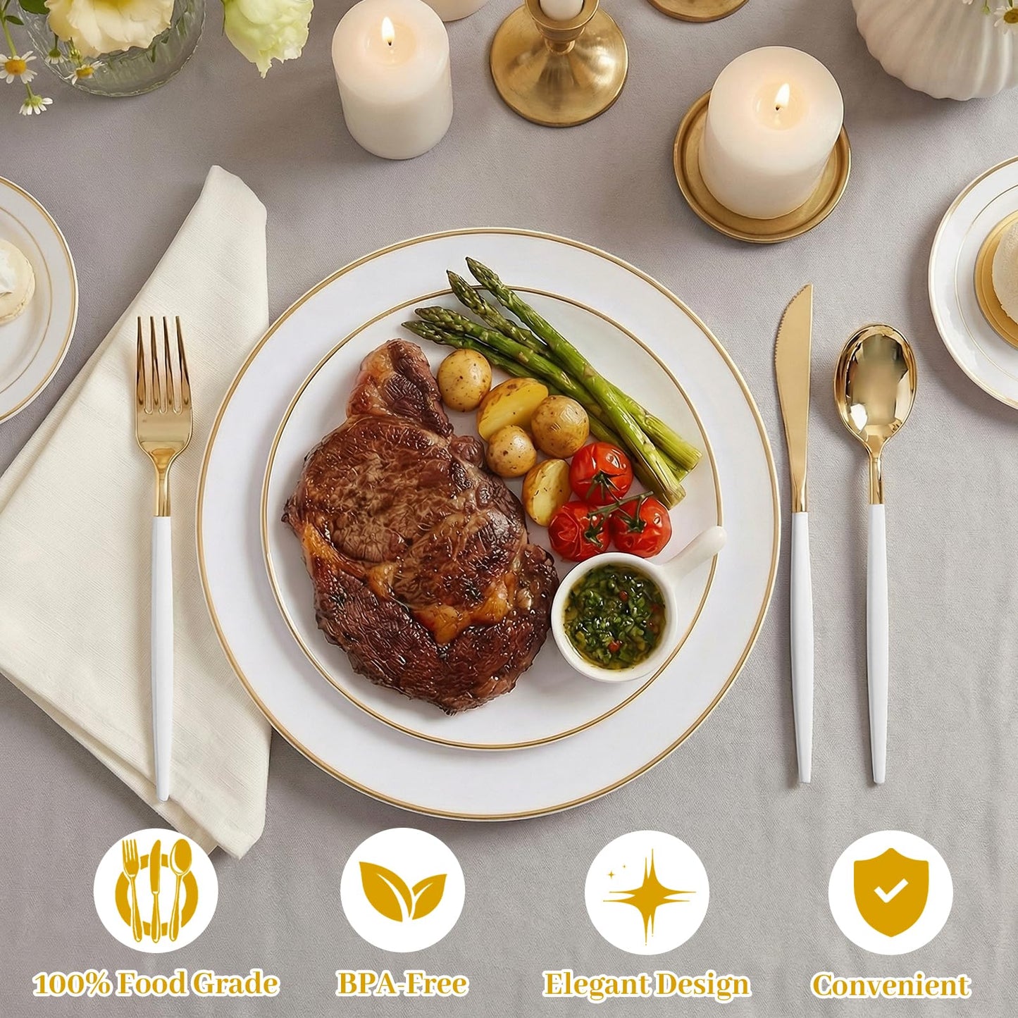 DaYammi 150Pcs Gold Plastic Plates with Disposable Silverware,White Gold Disposable Dinnerware Set - 30 Dinner Plate,30 Dessert Plate,90 Gold Cutlery with White Handles,Fancy Plates for Party Wedding