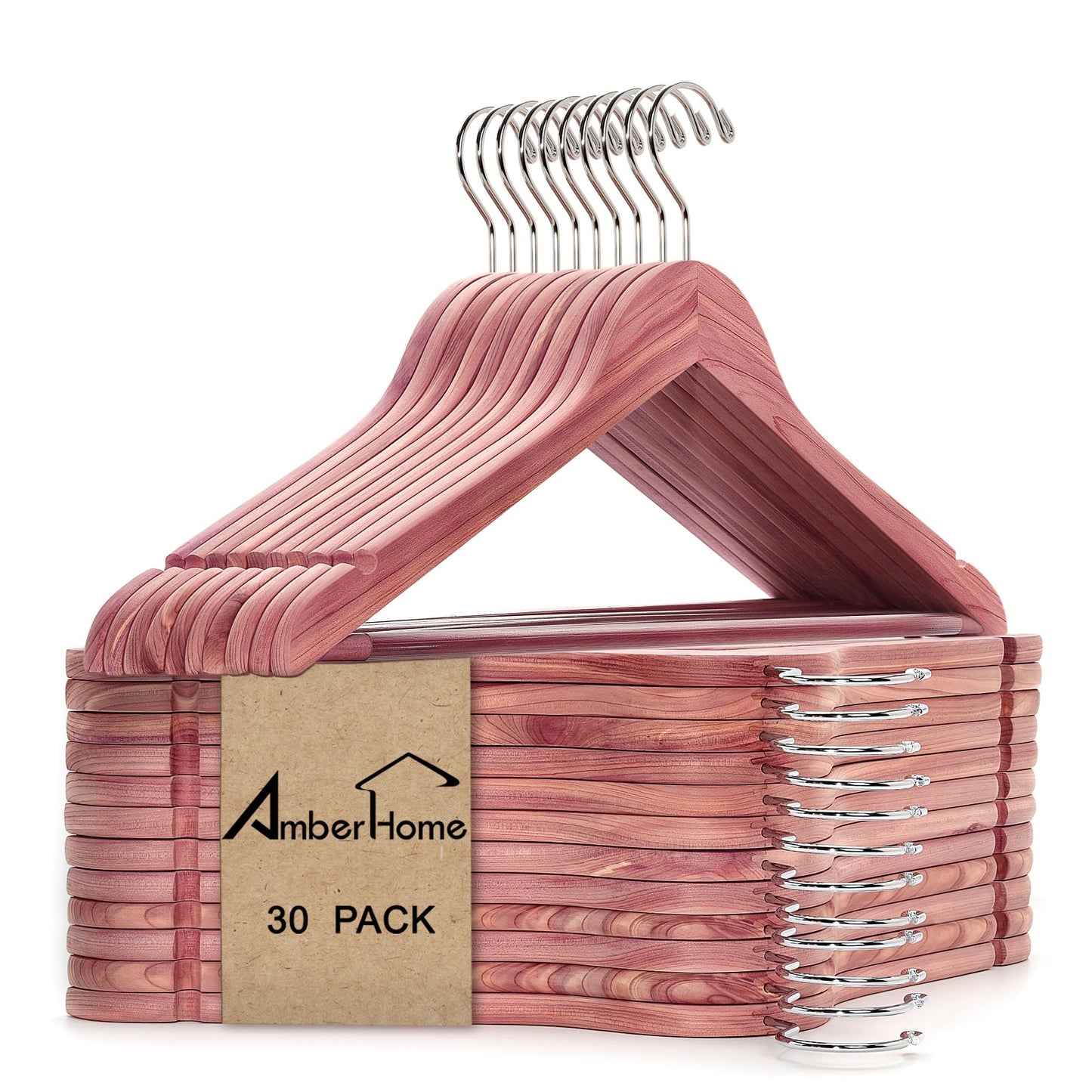Amber Home 30 Pack Cedar Coat Hangers, Wooden Suit Hangers with Non-Slip Pant Bar, Cedar Hangers for Closet Organization, Shirts, Jackets, Dresses, and Pants