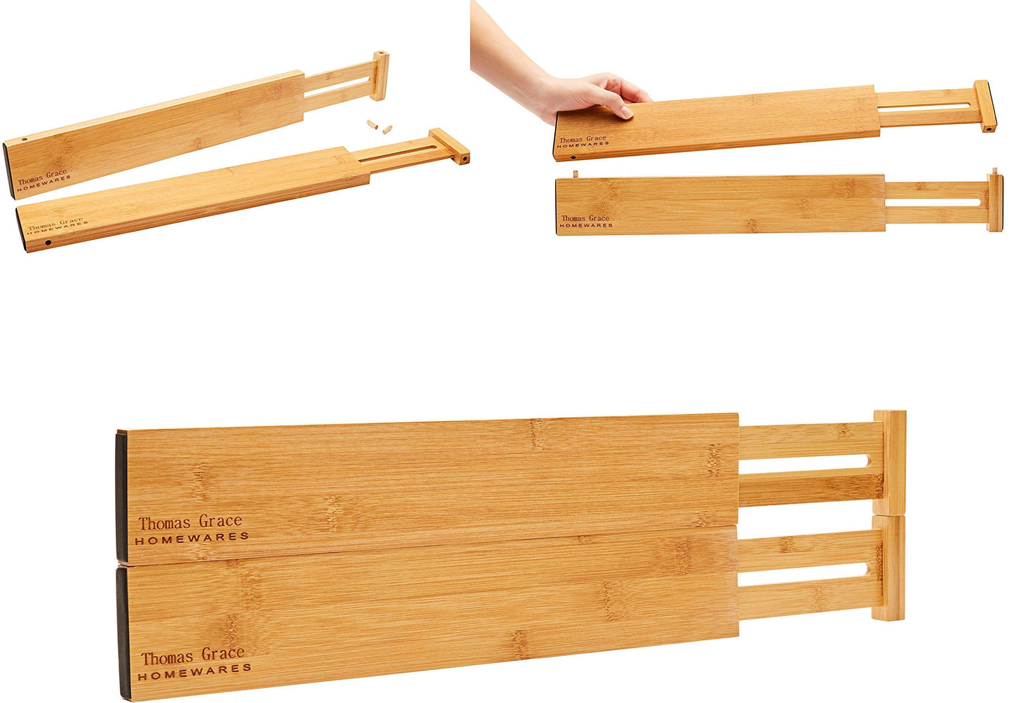 Thomas Grace Homewares Bamboo Kitchen Drawer Organizer Divider Stackable for Deep Drawers. (Set-of- 4) Spring Loaded Dividers that are Expandable & Adjustable. Kitchen Organizer.