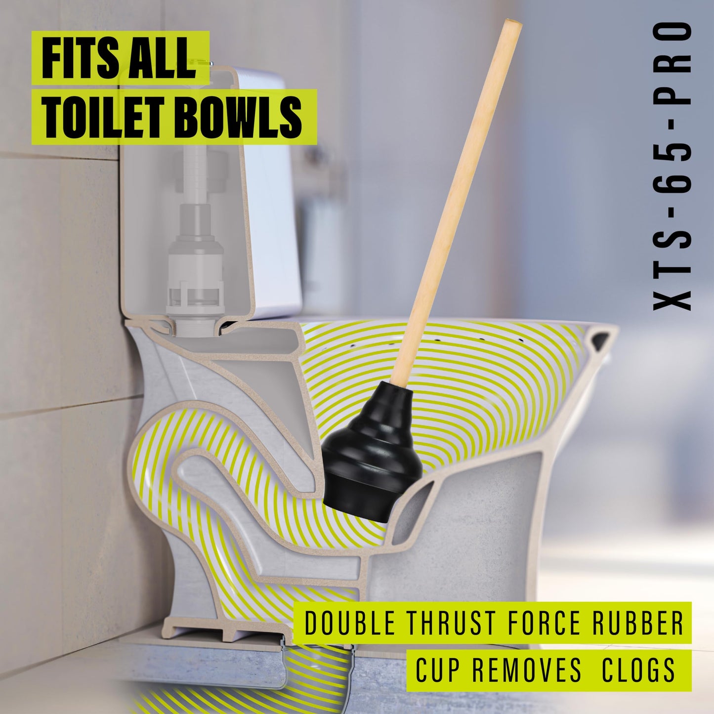 SteadMax XTS-65-PRO Heavy Duty Toilet Plunger, Commercial Grade, Powerful Double Thrust Force Rubber Cup with Wood Handle, for Clogged Bathroom, Shower, and Kitchen, 3 Pack (22" x 5.75")