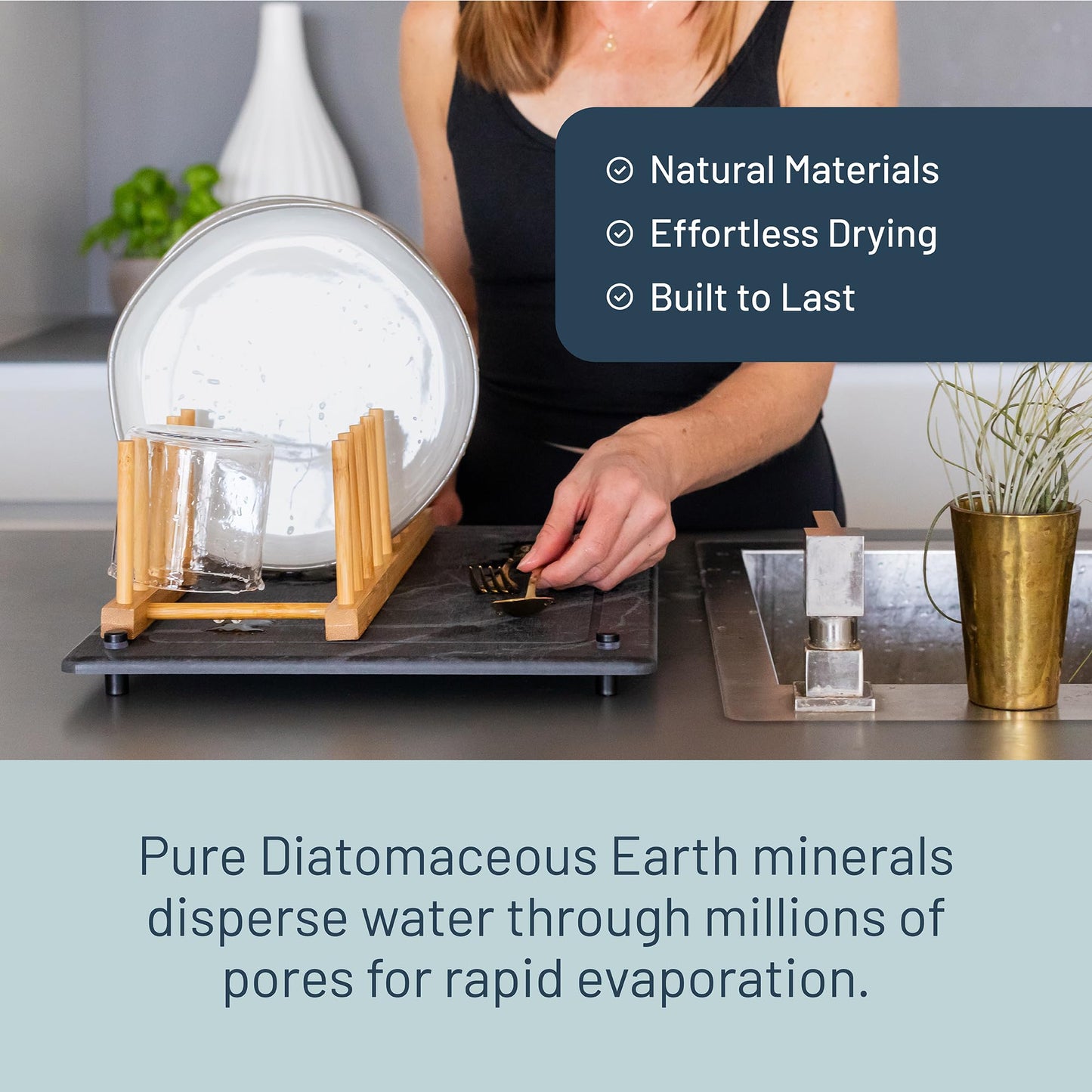 Siren Stone Natural Stone Dish Drying Mat 15.7" x 11.8", Slate Color - Diatomaceous Earth Kitchen Mat | Quick Drying, Non-Toxic, BPA-Free, Eco-Friendly | Female-Founded USA Brand