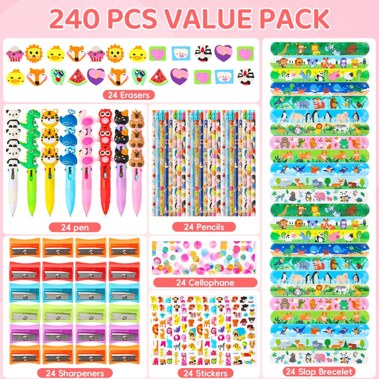 24Pack Giant Lollipop Return Gifts for Birthday Party, Giant Lollipop with Pencils, Stickers, Erasers, 4-in-1 Pen, for Classroom School Exchange Party Supplies