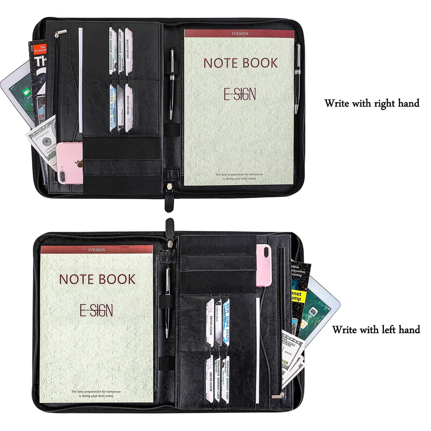 IVESIGN Zippered Padfolio for Women & Men Resume Portfolio Folder Vegan Leather Salesman Business Organizer Planner,with Writing Pad Interior 10.1 Inch Tablet Sleeve Black