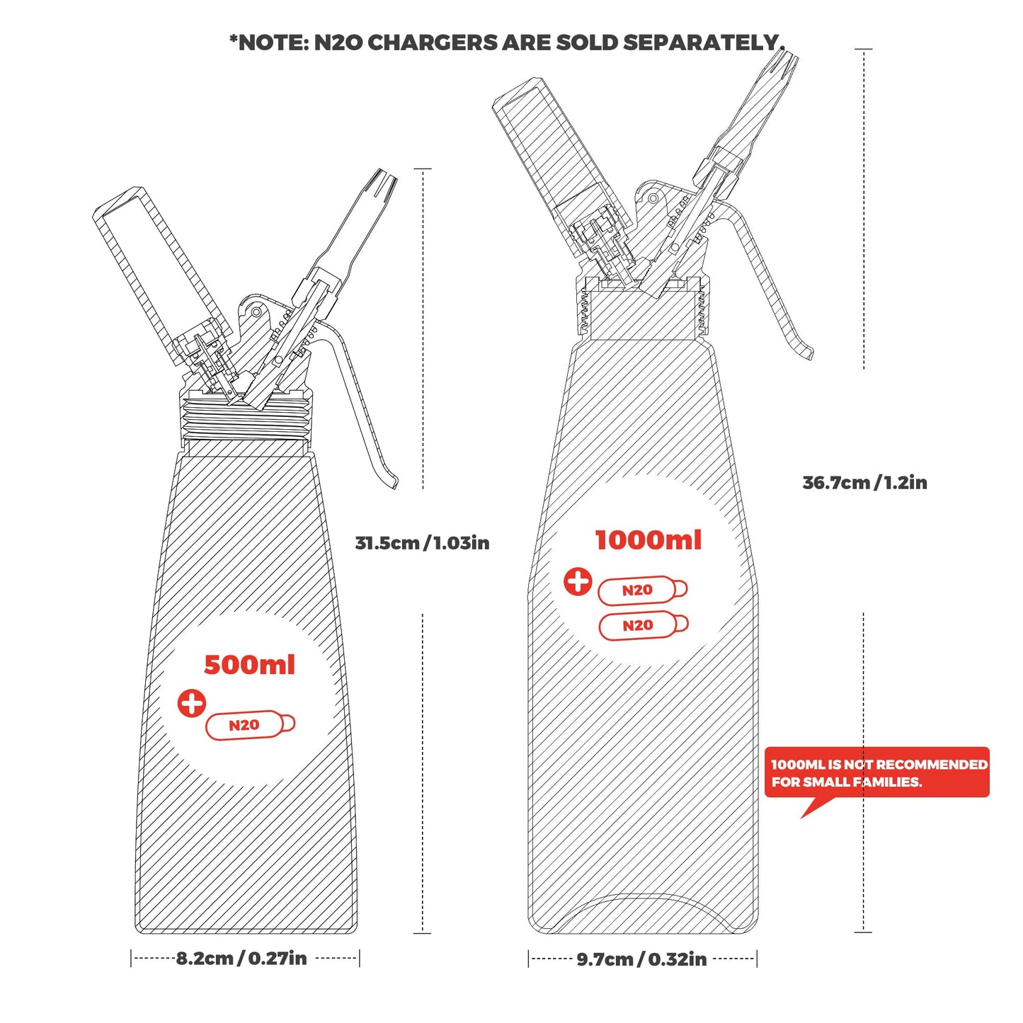Professional Aluminum Whipped Cream Dispenser - 1000 mL/2 Pint,Leak-Free Whipped Cream Maker Canister with 8 Decorating Nozzles & Cleaning Brush - N2O Chargers (Not Included) (Silver, 1000ml)
