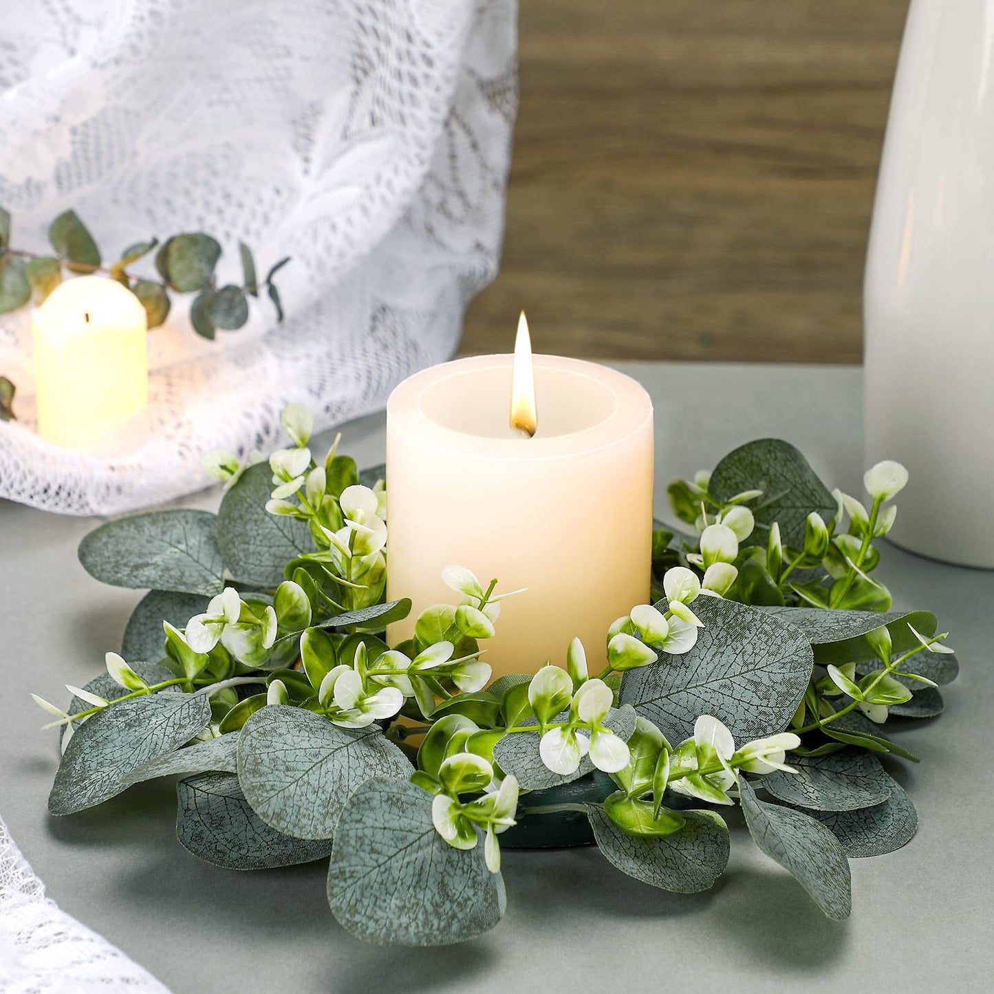 Panelee 20 Pcs Candle Rings Artificial Eucalyptus Candle Wreath Rings Greenery Leaves Boho Candles Garland Pillar for Wedding(Elegant Eucalyptus Leaf)