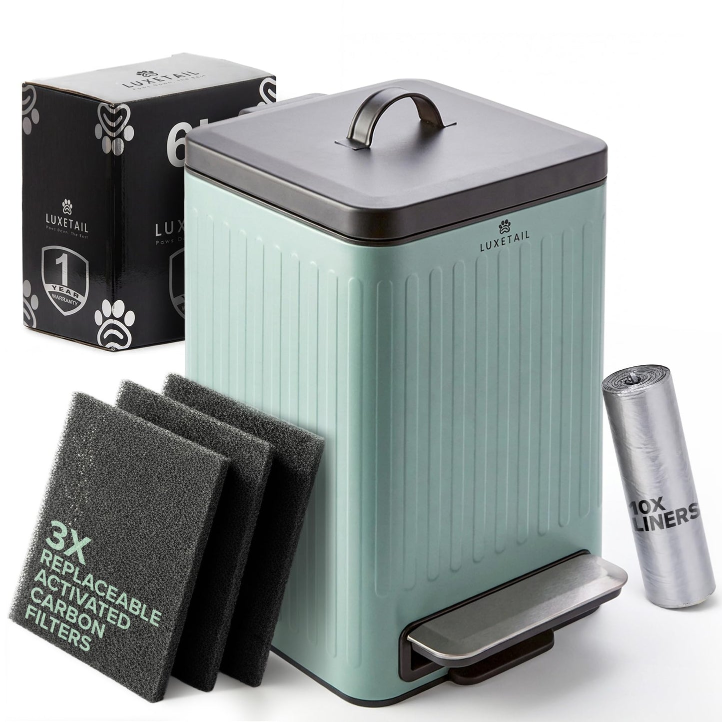 LUXETAIL Small Dog Poop Trash Can Outside – 6L/1.6 Gallon Dog Small Trash Can with Lid, Odor-Locking Carbon Filter System, Hands-Free Stainless Steel Pedal, Easy-Clean Removable Bucket, Sage Green