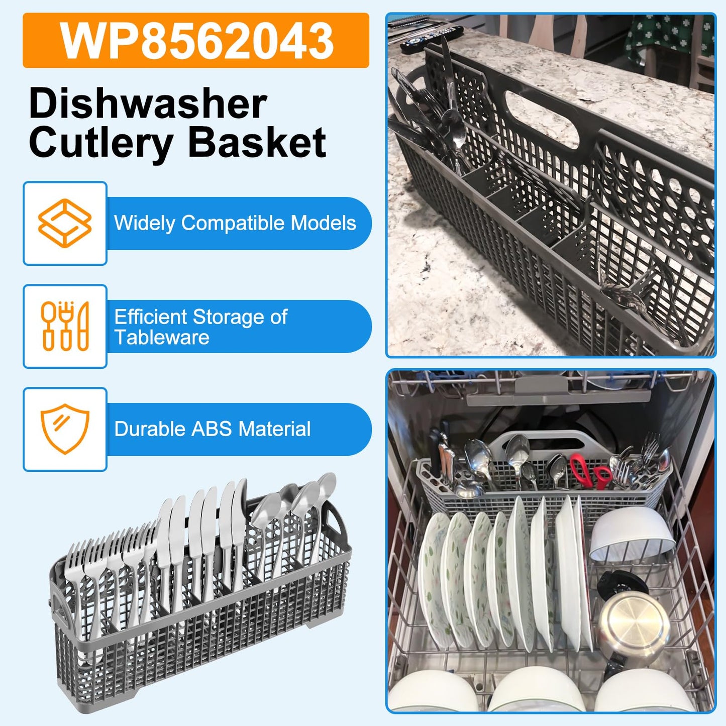 【UPGRADED】WP8562043 8531233 Dishwasher Silverware Basket,For Kitchenaid Whirlpool Dishwasher Utensil Basket Replacement,Universal Dishwasher Cutlery Basket Holder W10190415 WDT730PAHZ0 KDTM354DSS4