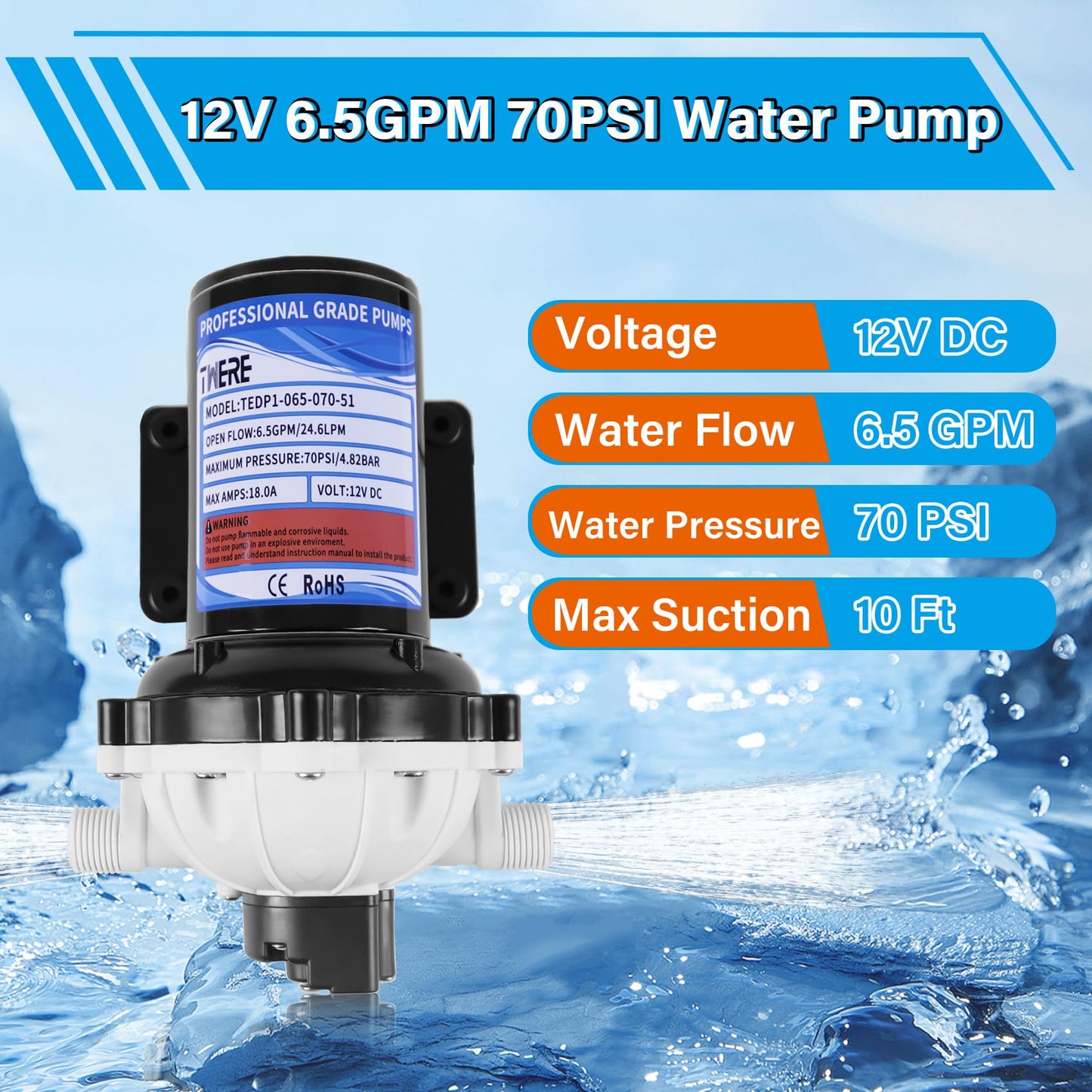 12V Pump,6.5GPM,70Psi Diaphragm Water Pump,Self Priming Up to 10 Feet,Ideal for RV,Marine,Yacht Sprayer and Pressure Washing-1/2 MNPT Connection