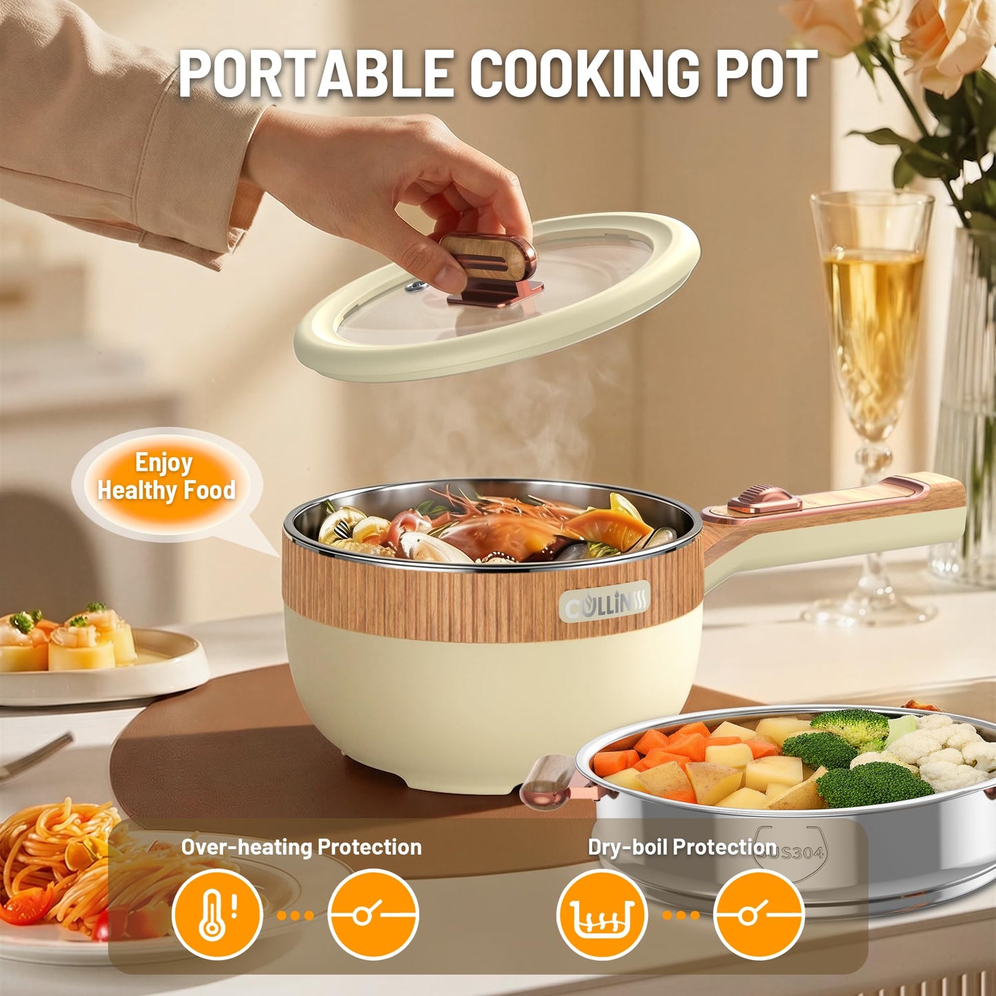 Cullinsss Hot Pot Electric, 1.5L Portable Electric Pot Frying Sauté Pan Multifunctional Cooker for Ramen Steak Soup with Adjustable Power for Dorm Home Travel (Silicone Spatula Included)