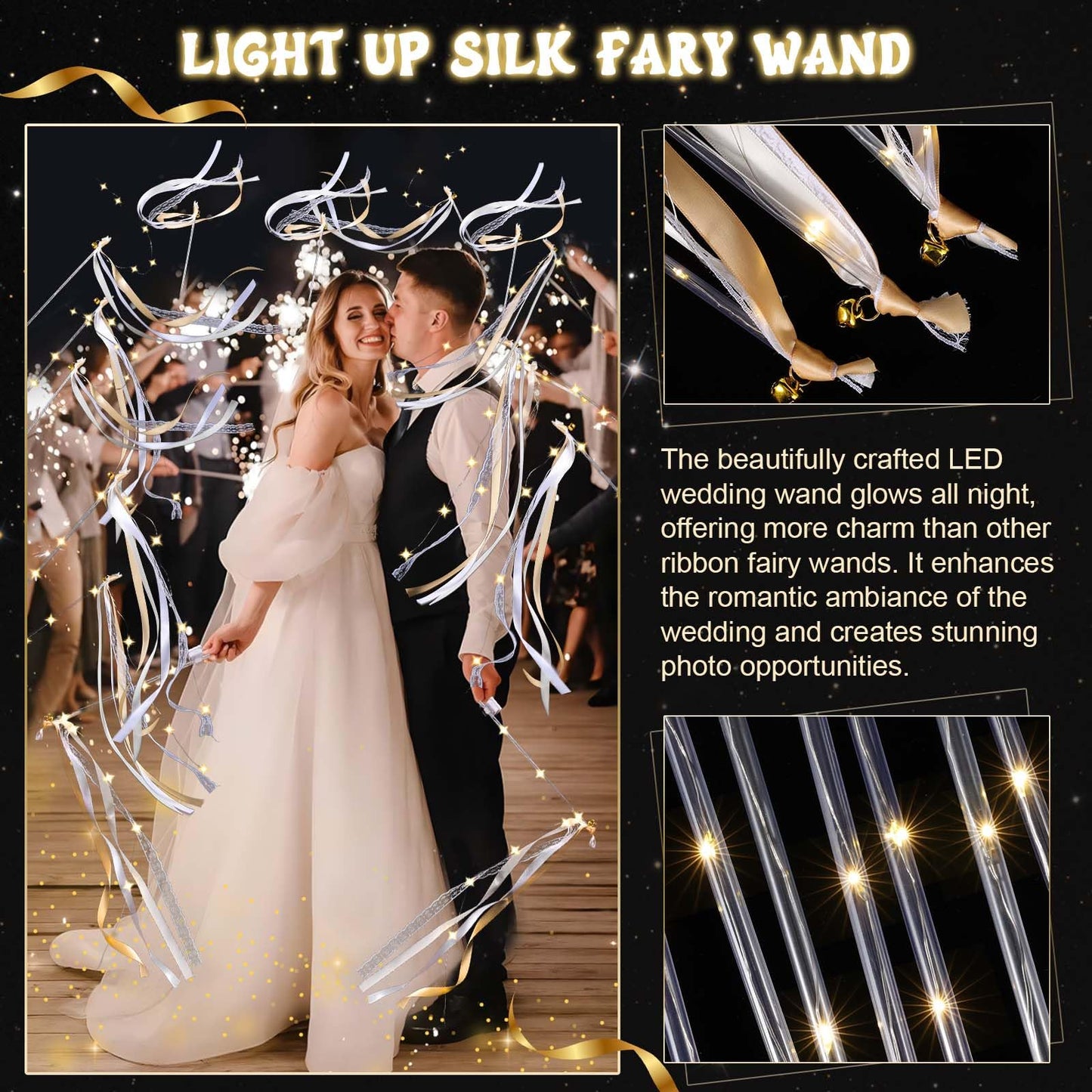 100 Pcs Wedding Wands Ribbon Streamers with 3 Colorful Flashing Modes, Light up LED Silk Fairy Wands, Glow Lace Stick with Bells for Wedding Reception, Graduation, New Year, Birthday Party (Champagne)